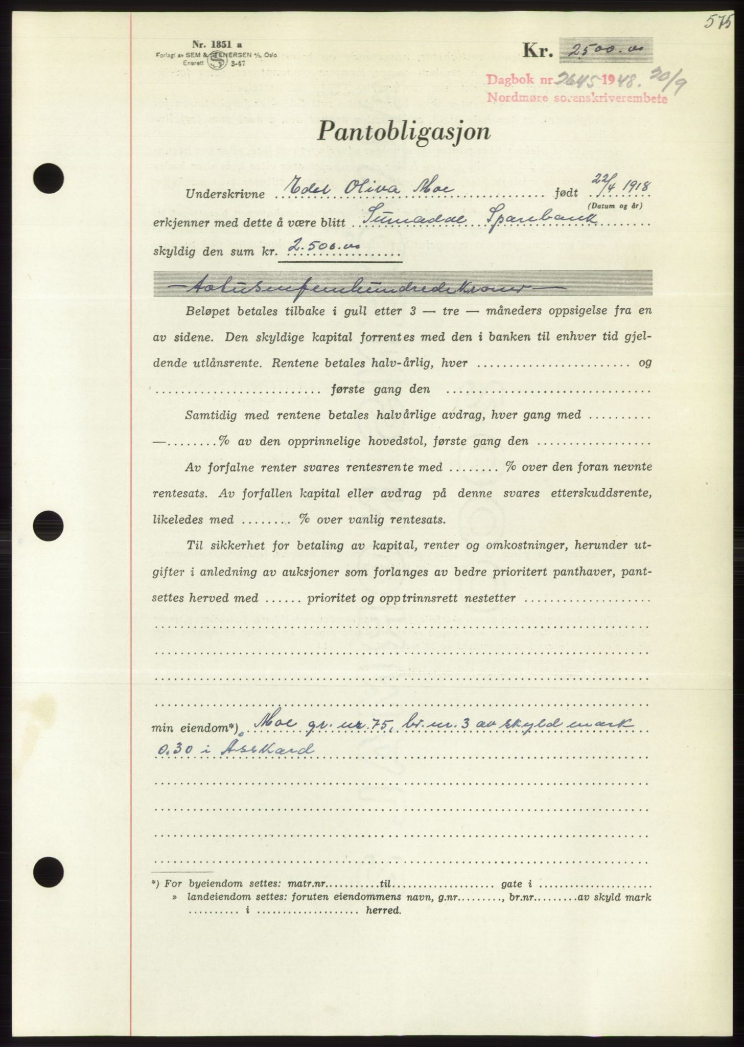 Nordmøre sorenskriveri, SAT/A-4132/1/2/2Ca: Pantebok nr. B99, 1948-1948, Dagboknr: 2645/1948