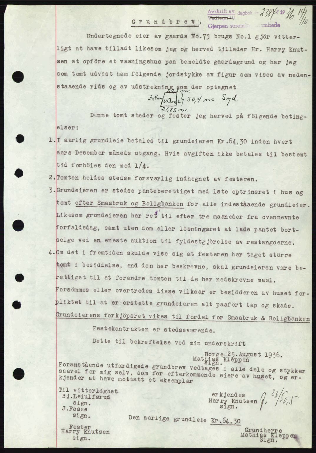 Gjerpen sorenskriveri, SAKO/A-216/G/Ga/Gae/L0067: Pantebok nr. A-66 - A-68, 1936-1937, Dagboknr: 2384/1936