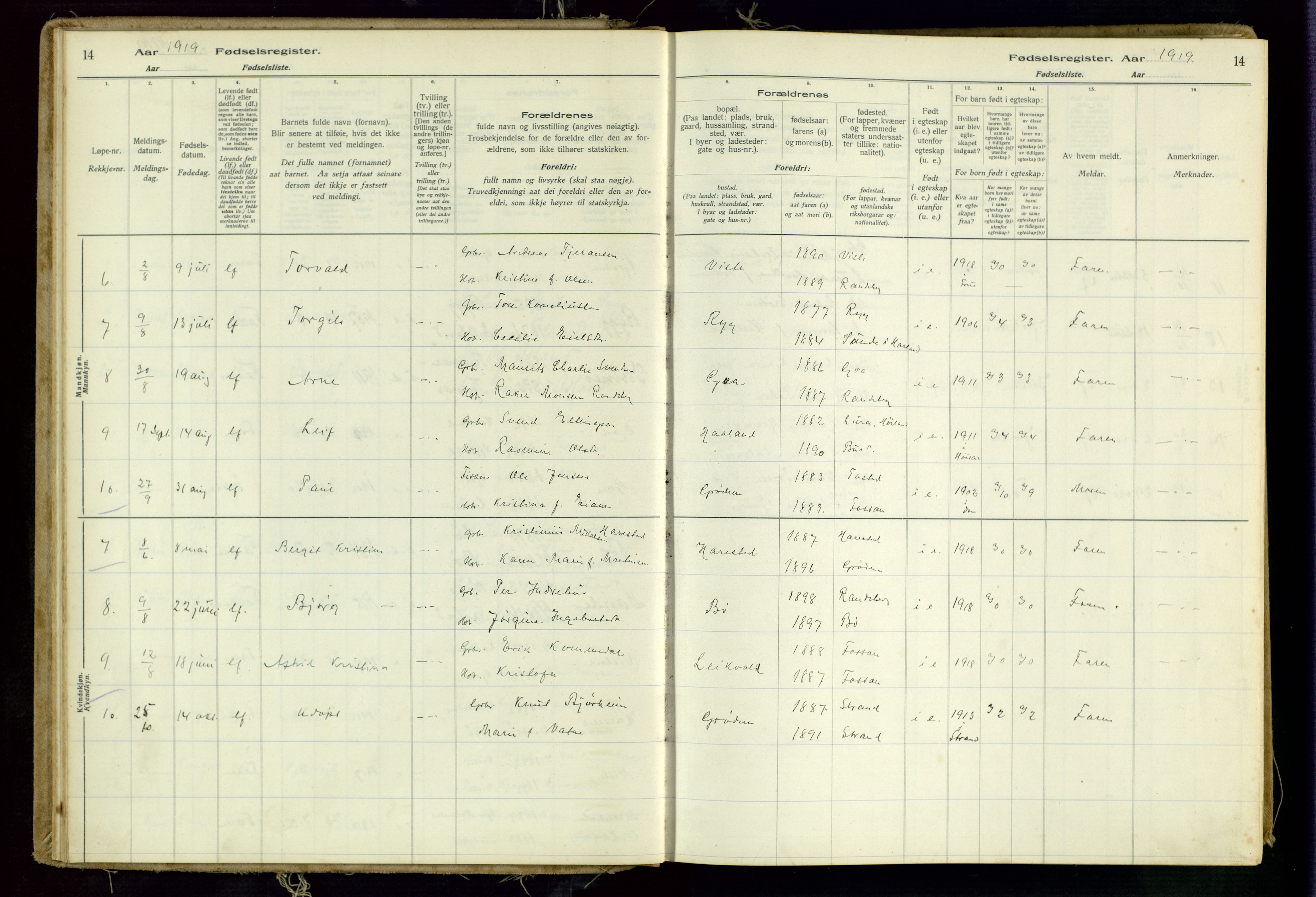 Hetland sokneprestkontor, SAST/A-101826/70/704BA/L0001: Fødselsregister nr. 1, 1916-1954, s. 14