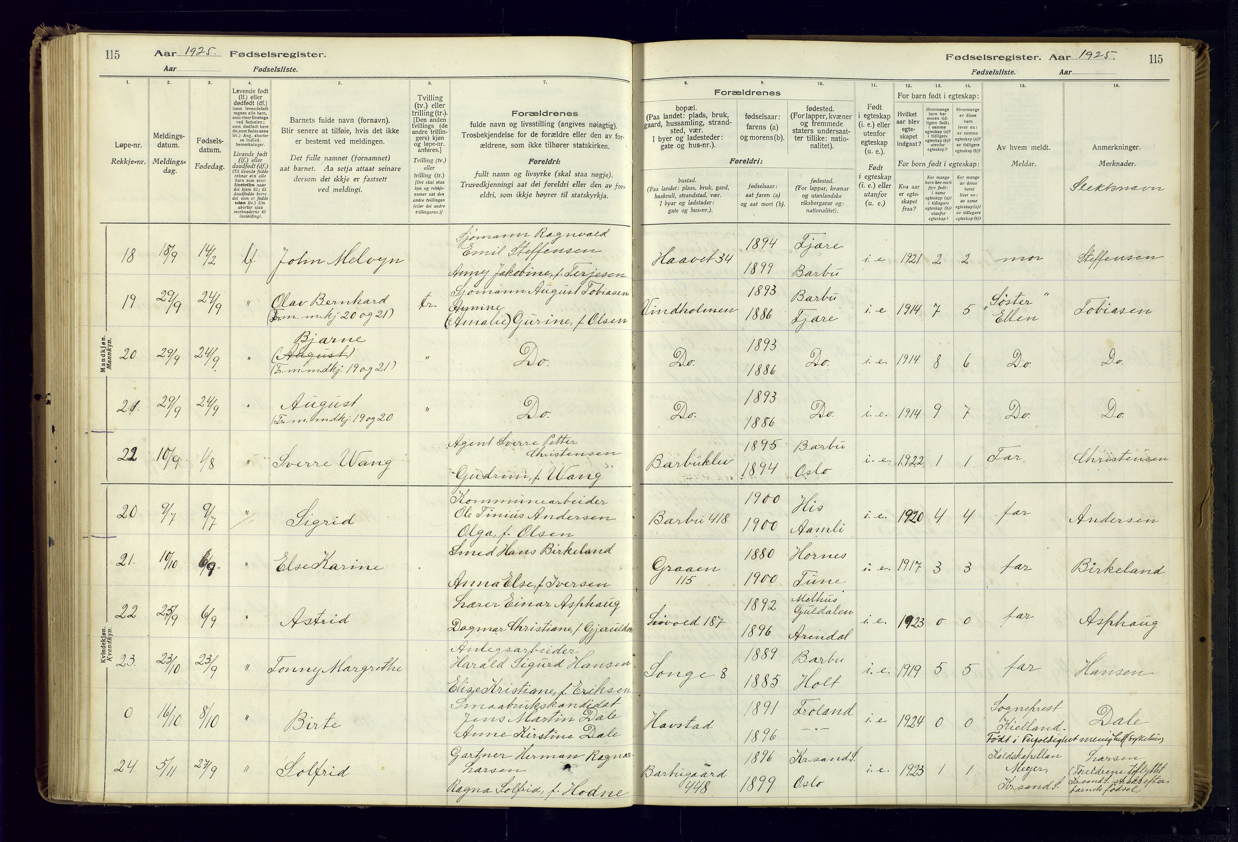 Barbu sokneprestkontor, AV/SAK-1111-0003/J/Ja/L0001: Fødselsregister nr. A-VIII-1, 1916-1937, s. 115