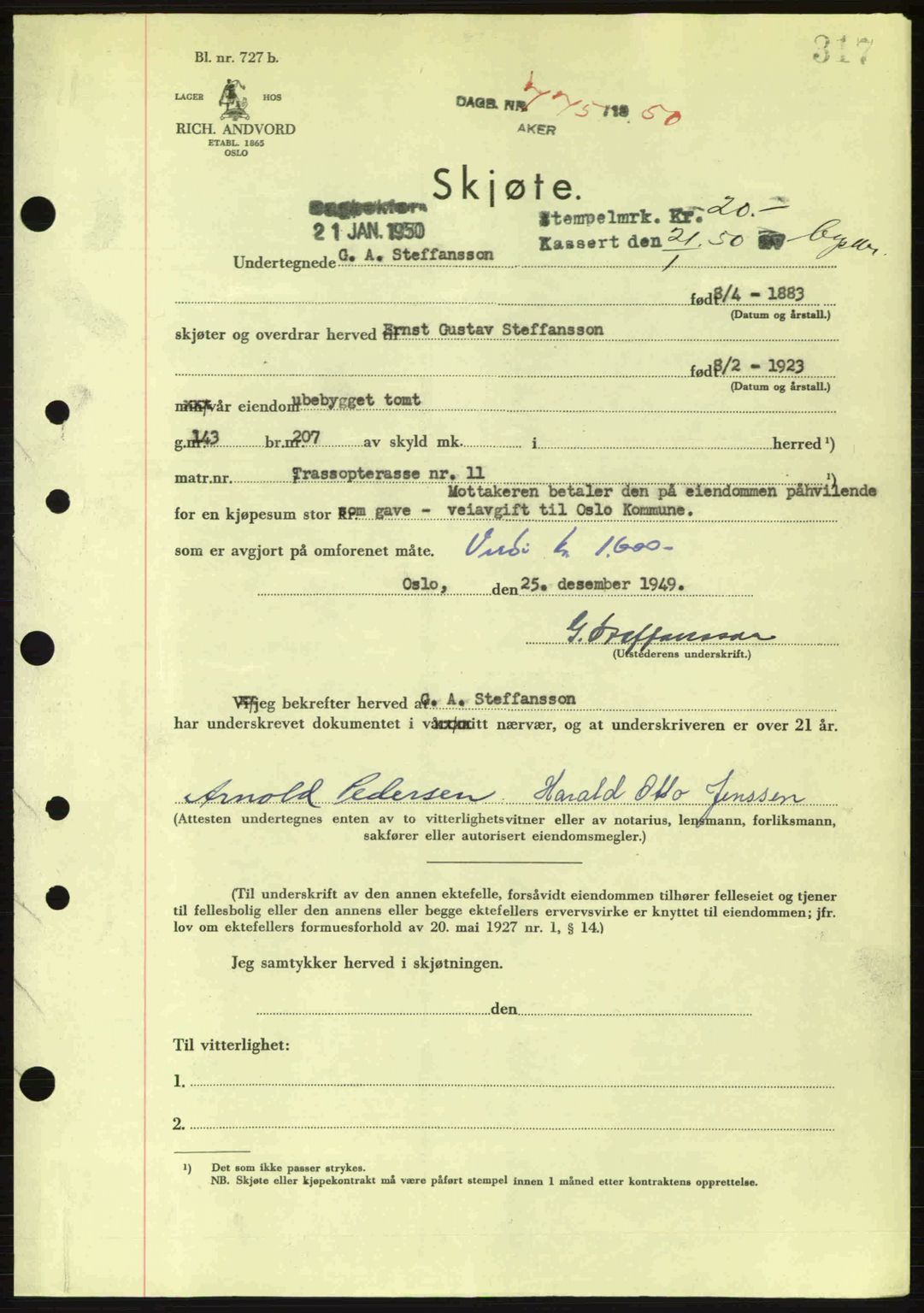 Oslo byskriverembete, AV/SAO-A-10227/G/Gb/Gbd/Gbda/L0017: Pantebok nr. A215, 1949-1950, Dagboknr: 775/1950