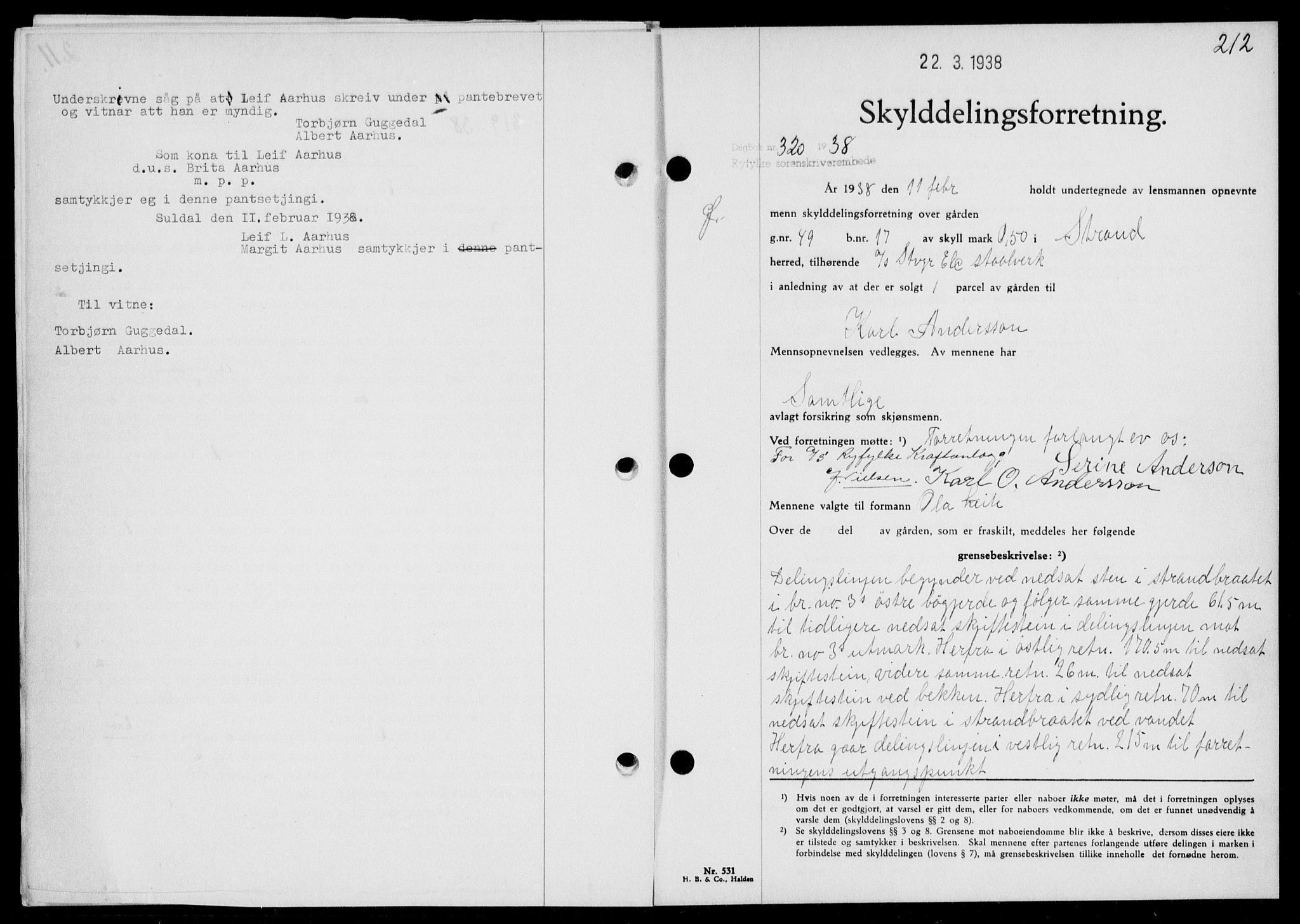 Ryfylke tingrett, SAST/A-100055/001/II/IIB/L0077: Pantebok nr. 56, 1938-1938, Dagboknr: 320/1938
