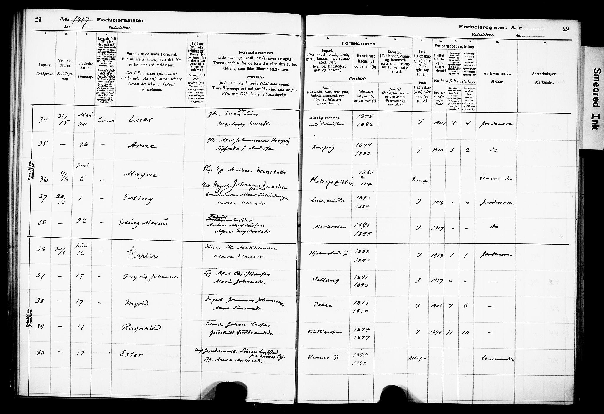 Ringsaker prestekontor, AV/SAH-PREST-014/O/Oa/L0001: Fødselsregister nr. 1, 1916-1925, s. 29