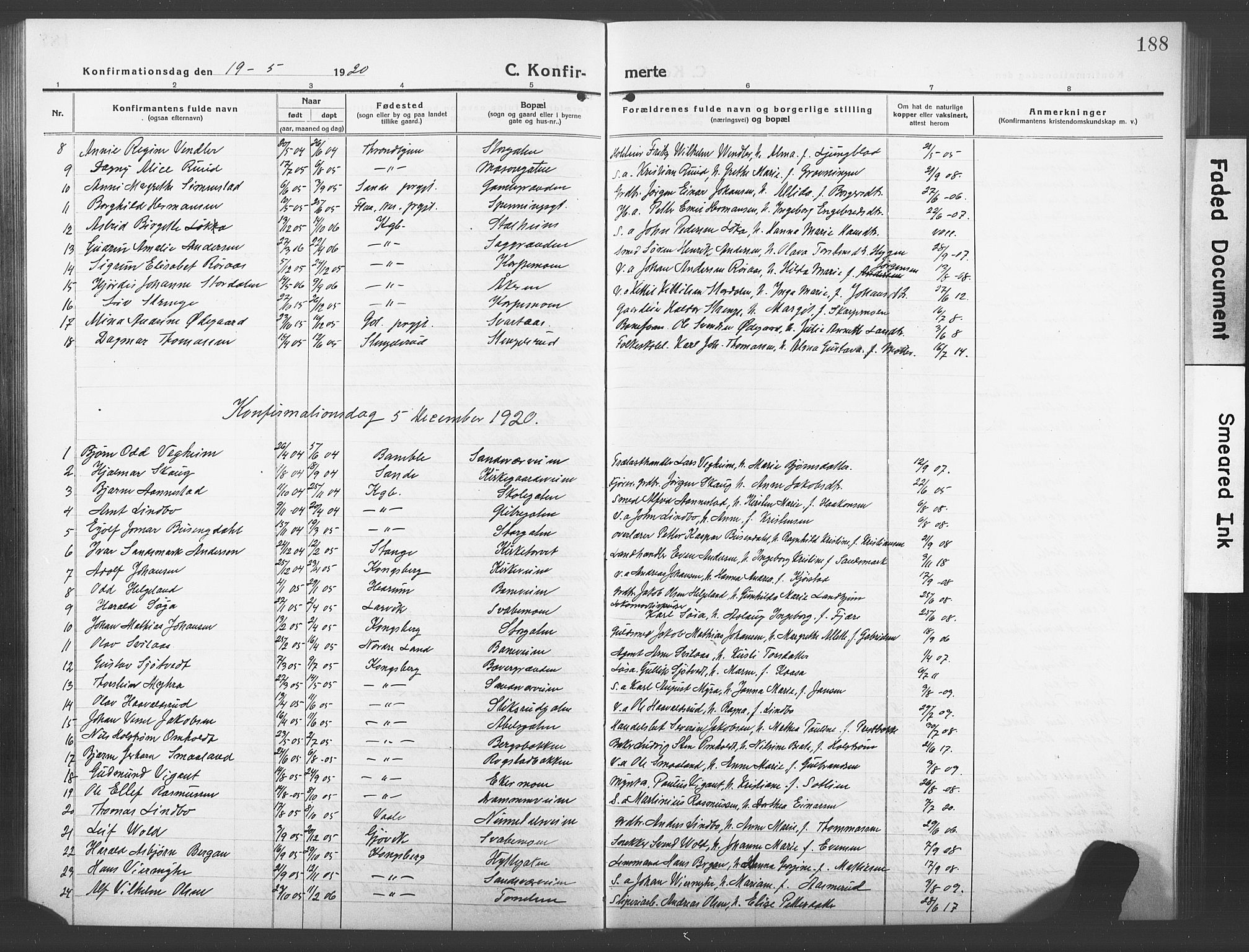 Kongsberg kirkebøker, AV/SAKO-A-22/G/Ga/L0008: Klokkerbok nr. 8, 1915-1932, s. 188