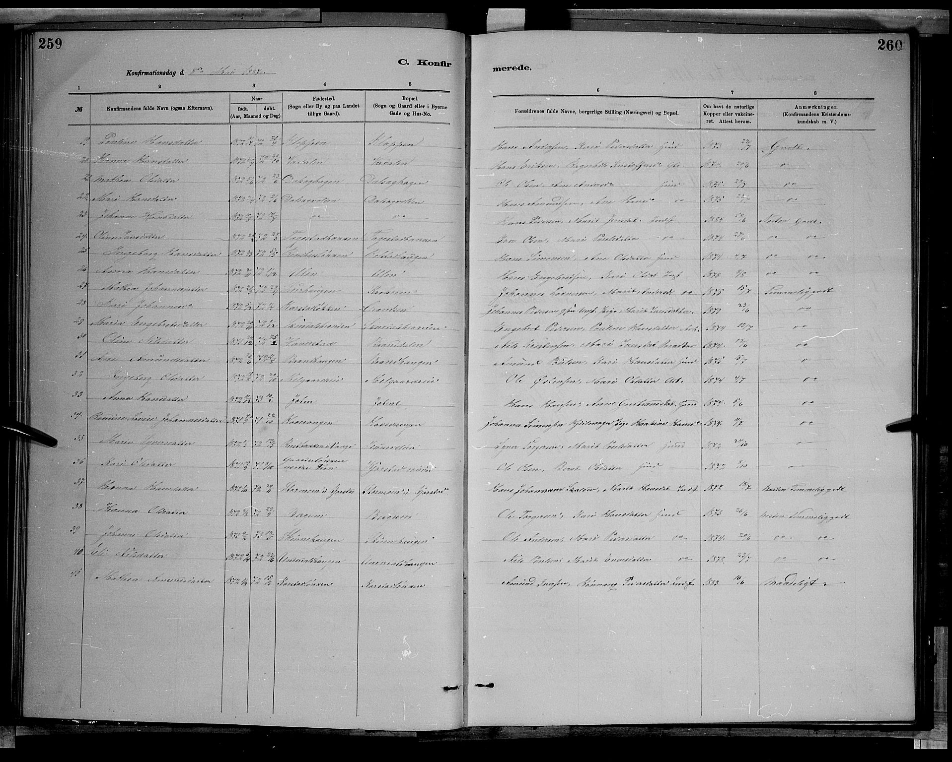 Sør-Fron prestekontor, AV/SAH-PREST-010/H/Ha/Hab/L0003: Klokkerbok nr. 3, 1884-1896, s. 259-260