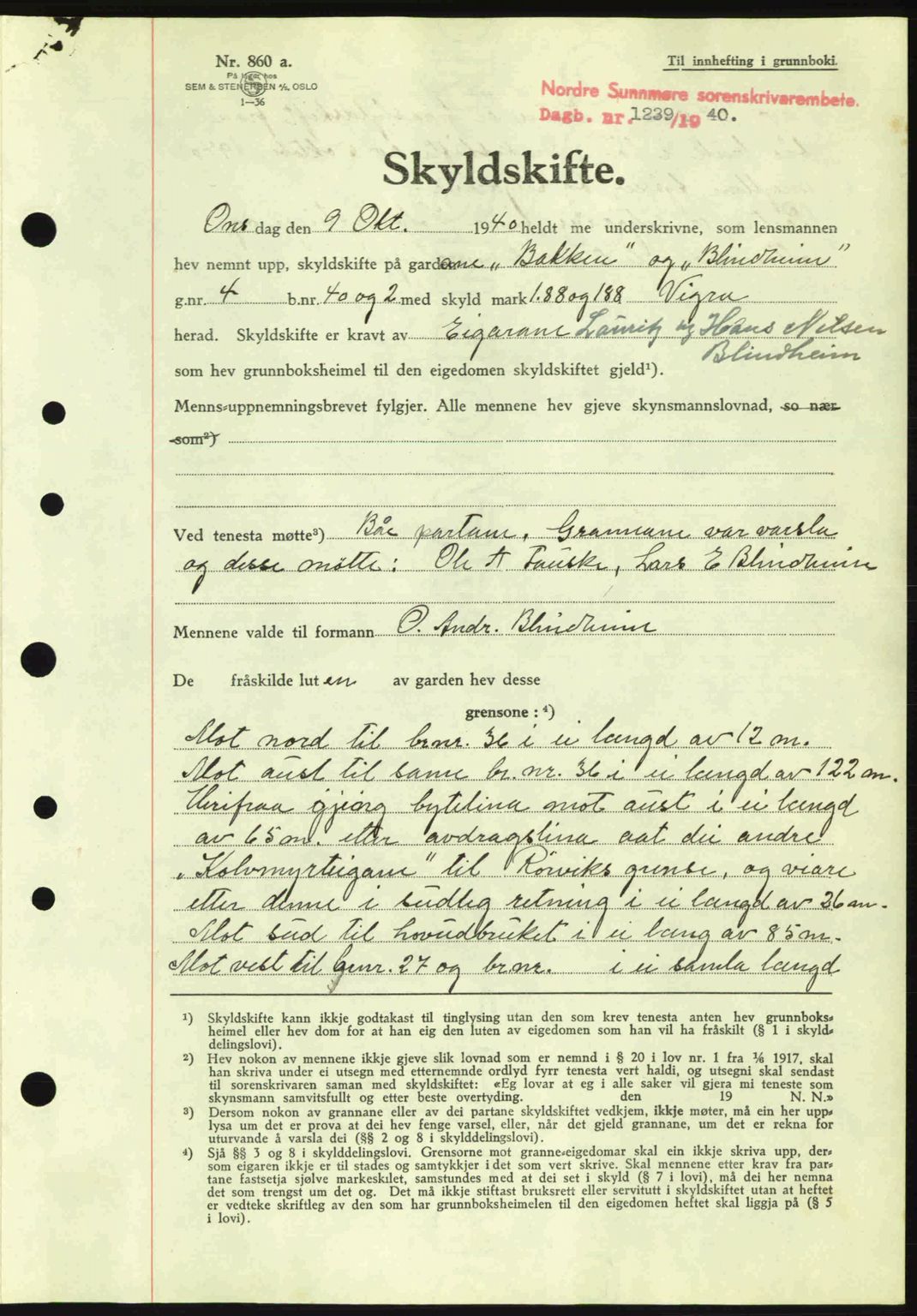Nordre Sunnmøre sorenskriveri, AV/SAT-A-0006/1/2/2C/2Ca: Pantebok nr. A9, 1940-1940, Dagboknr: 1239/1940