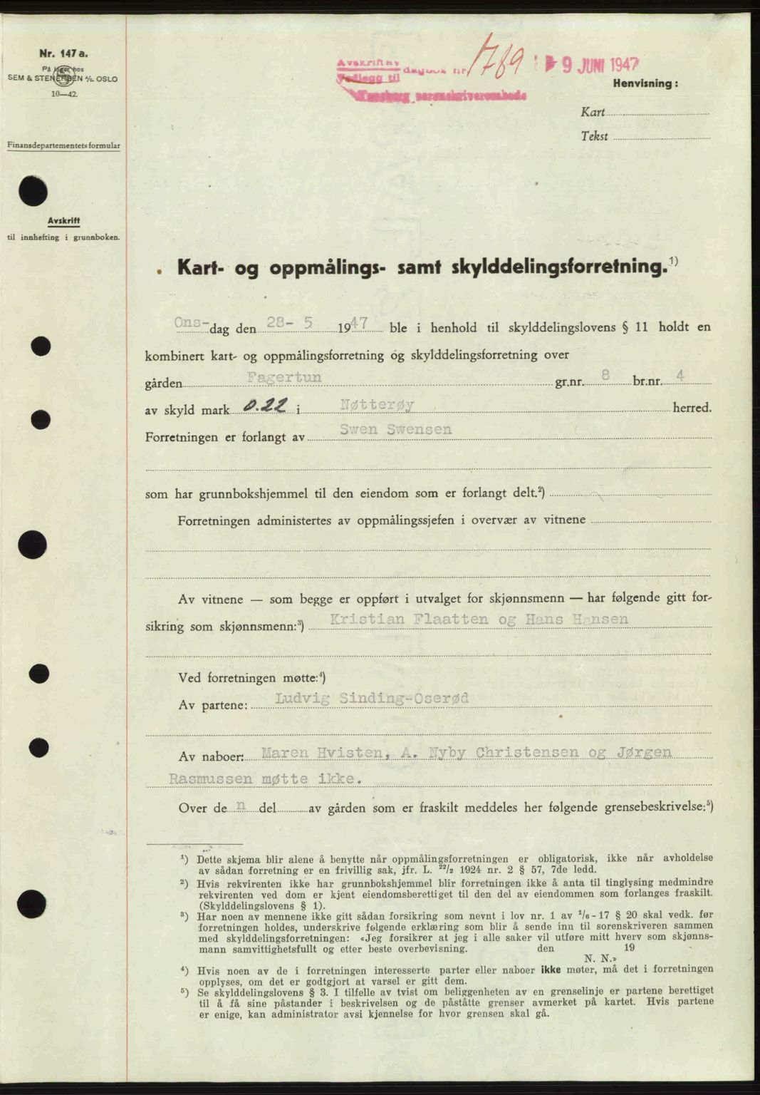 Tønsberg sorenskriveri, SAKO/A-130/G/Ga/Gaa/L0022: Pantebok nr. A22, 1947-1947, Dagboknr: 1789/1947