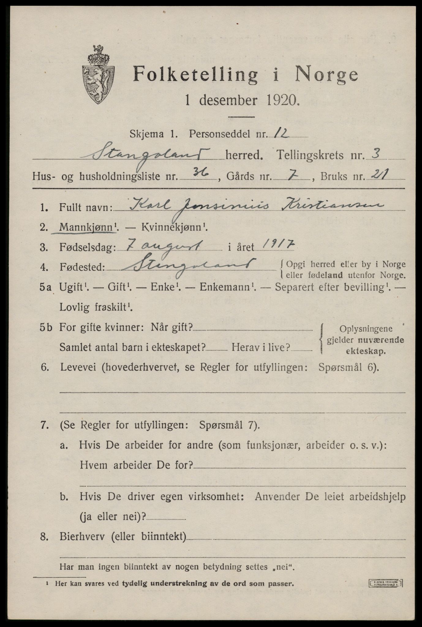 SAST, Folketelling 1920 for 1148 Stangaland herred, 1920, s. 2737