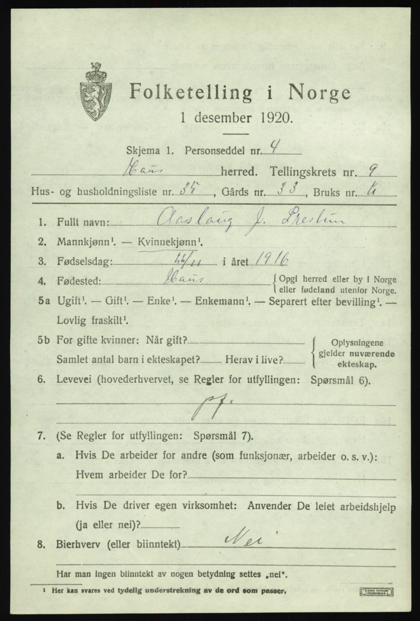 SAB, Folketelling 1920 for 1250 Haus herred, 1920, s. 6031