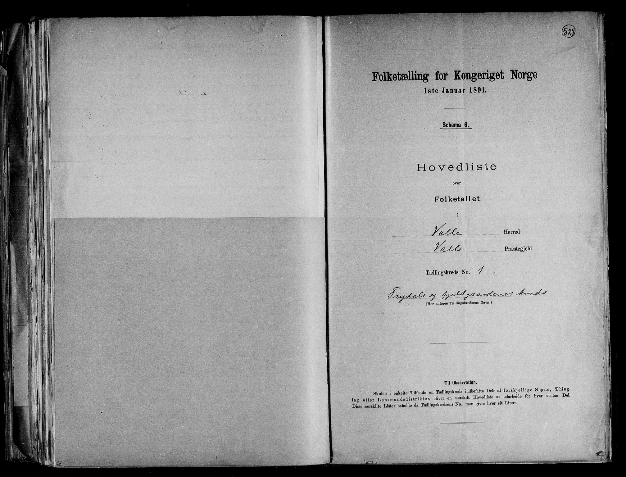 RA, Folketelling 1891 for 0940 Valle herred, 1891, s. 5