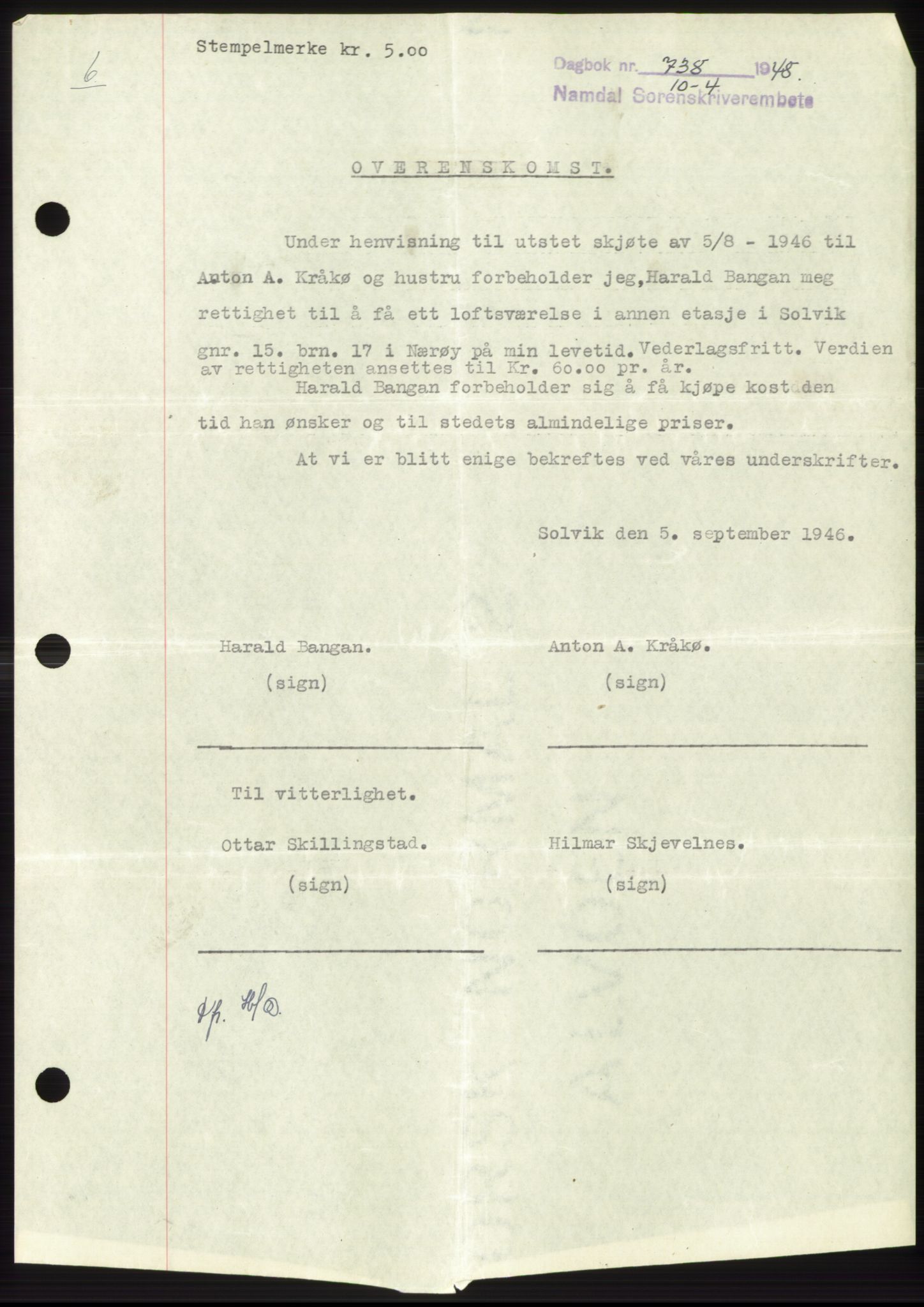 Namdal sorenskriveri, SAT/A-4133/1/2/2C: Pantebok nr. -, 1947-1948, Dagboknr: 738/1948