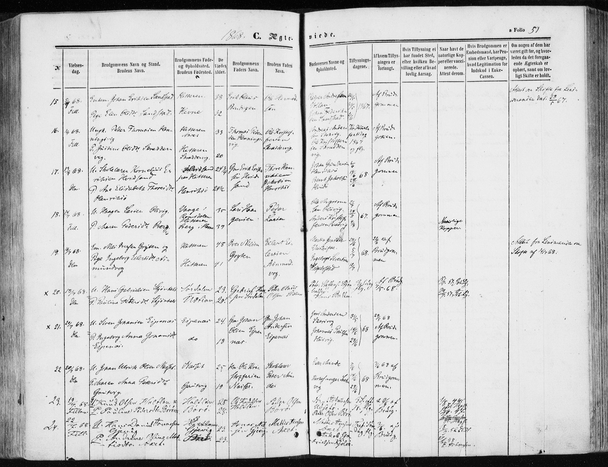 Ministerialprotokoller, klokkerbøker og fødselsregistre - Sør-Trøndelag, SAT/A-1456/634/L0531: Ministerialbok nr. 634A07, 1861-1870, s. 51