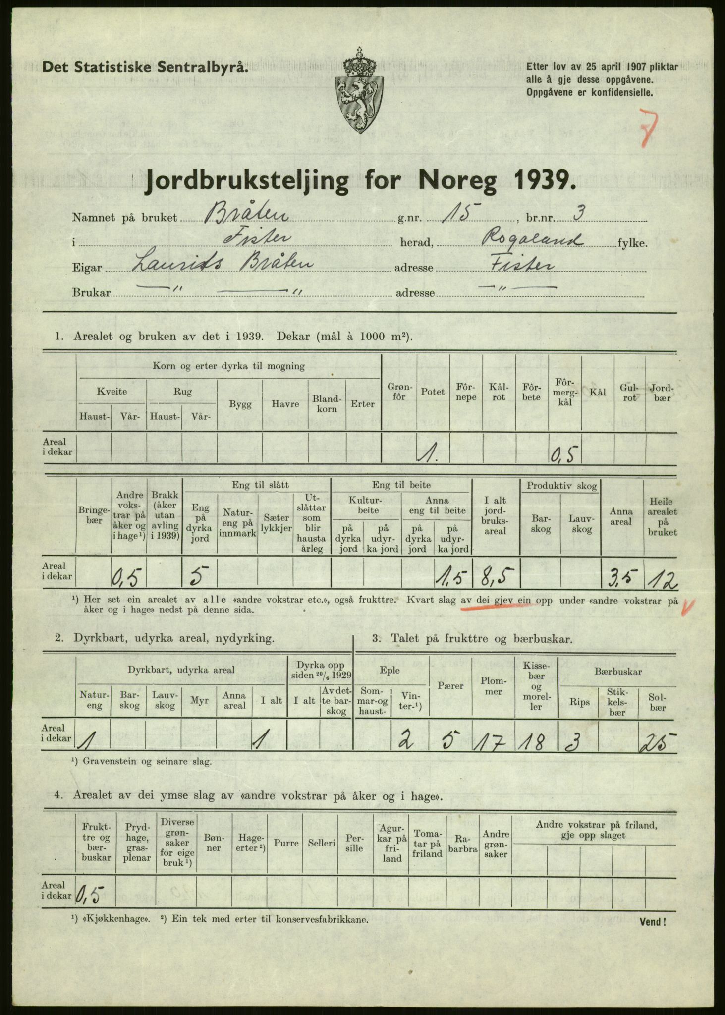 Statistisk sentralbyrå, Næringsøkonomiske emner, Jordbruk, skogbruk, jakt, fiske og fangst, AV/RA-S-2234/G/Gb/L0184: Rogaland: Årdal, Fister og Hjelmeland, 1939, s. 147