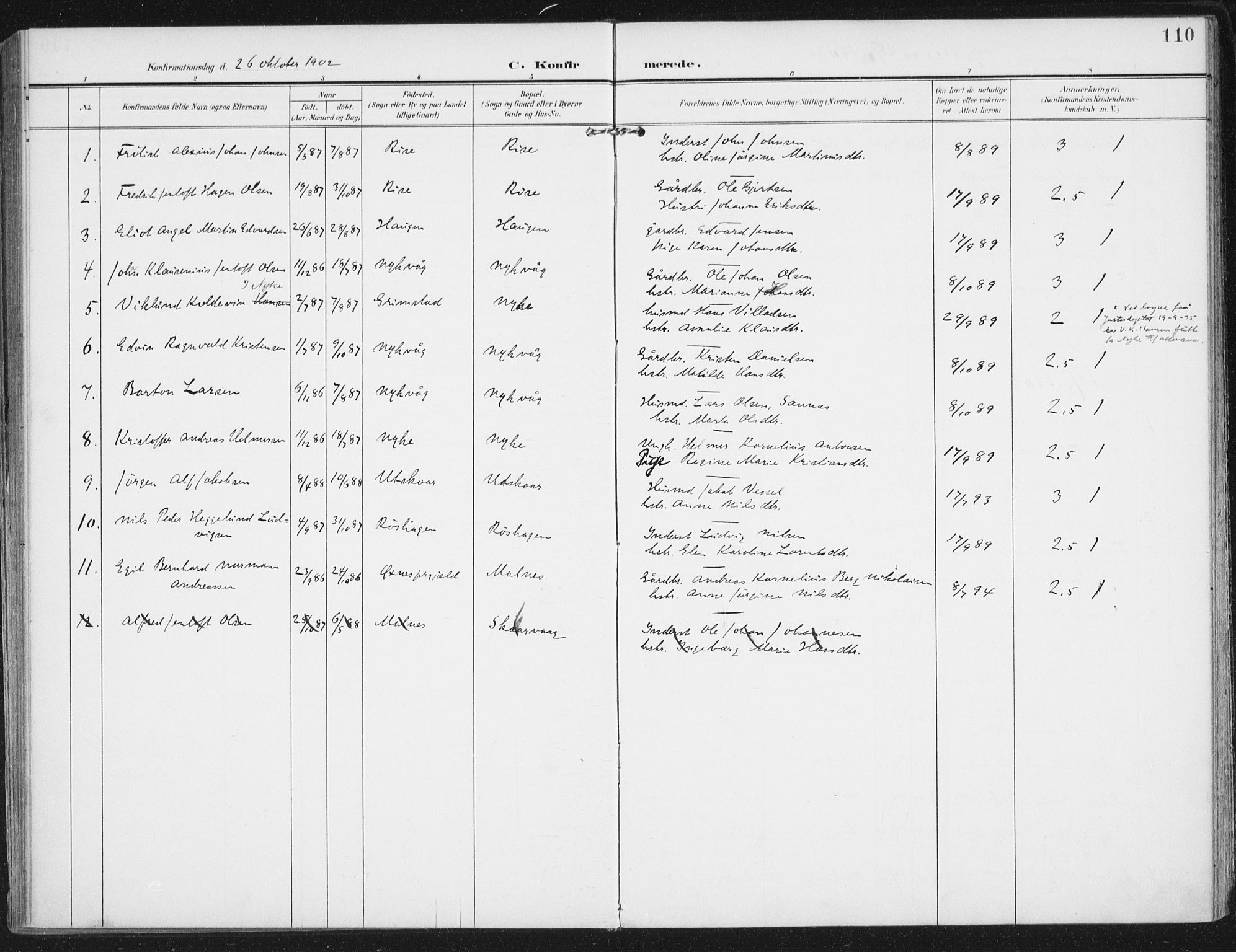 Ministerialprotokoller, klokkerbøker og fødselsregistre - Nordland, AV/SAT-A-1459/892/L1321: Ministerialbok nr. 892A02, 1902-1918, s. 110