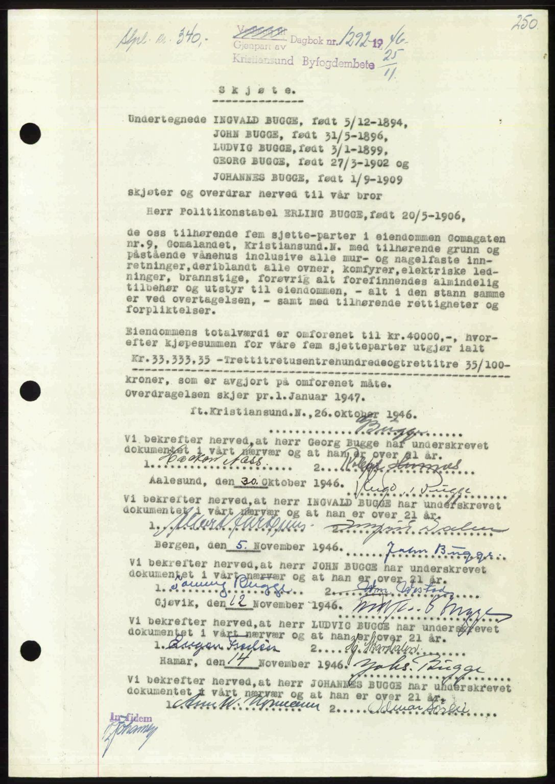 Kristiansund byfogd, AV/SAT-A-4587/A/27: Pantebok nr. 39b, 1946-1947, Dagboknr: 1292/1946