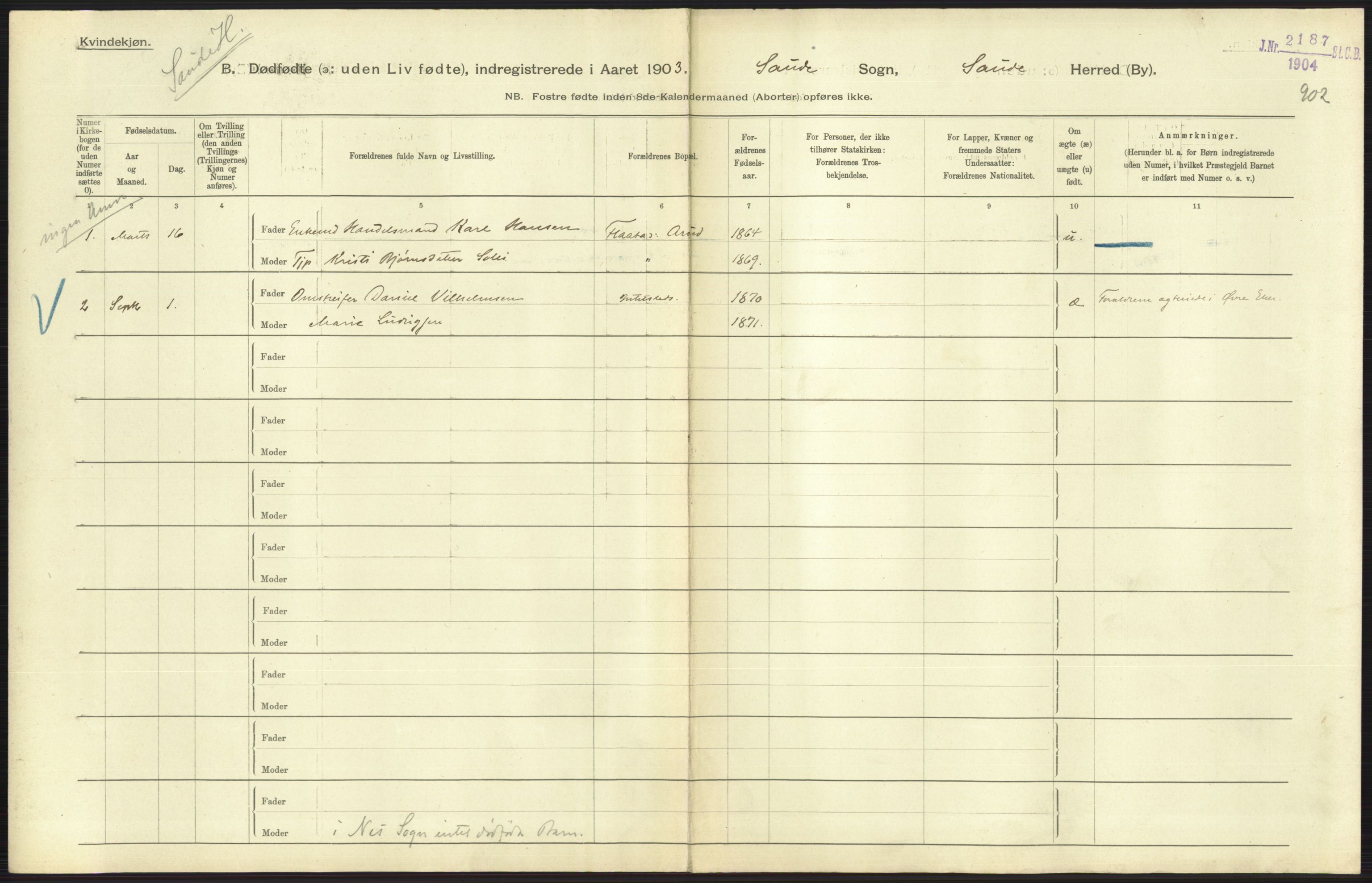 Statistisk sentralbyrå, Sosiodemografiske emner, Befolkning, RA/S-2228/D/Df/Dfa/Dfaa/L0024: Smålenenes - Stavanger amt: Dødfødte. Bygder., 1903, s. 409