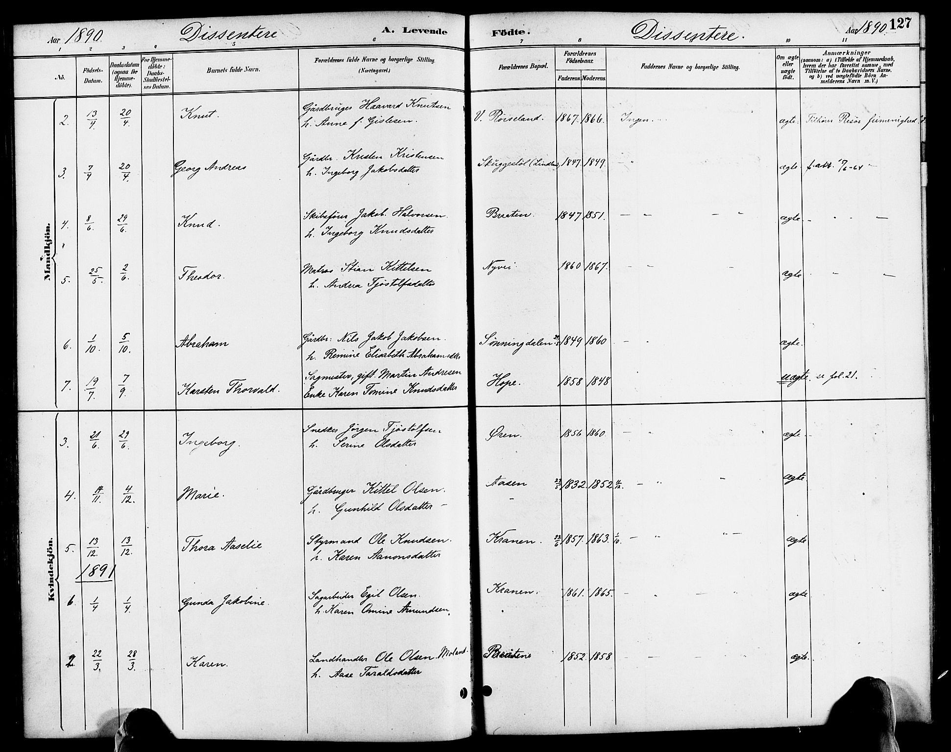 Søndeled sokneprestkontor, AV/SAK-1111-0038/F/Fa/L0005: Ministerialbok nr. A 5, 1889-1899, s. 127