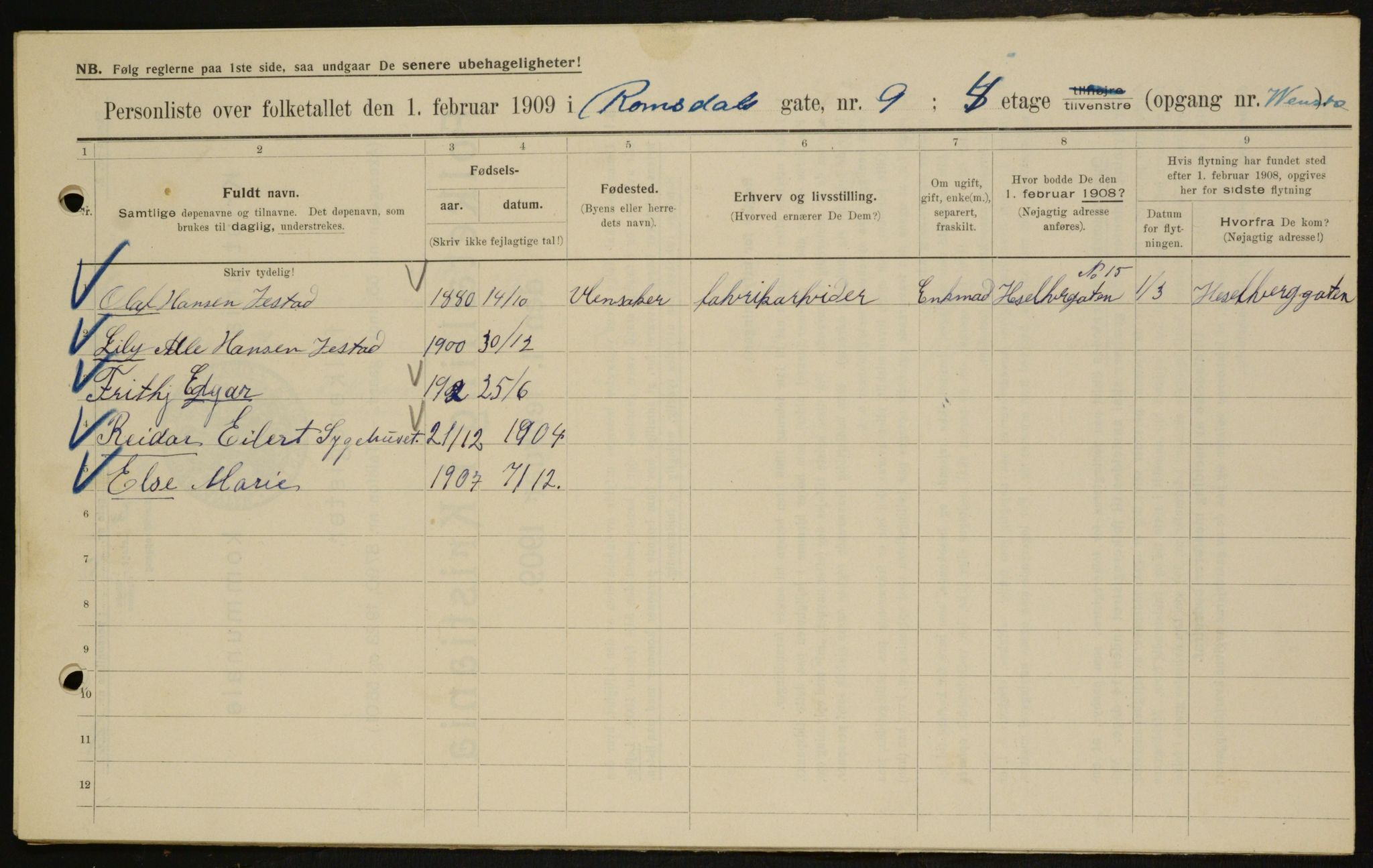 OBA, Kommunal folketelling 1.2.1909 for Kristiania kjøpstad, 1909, s. 75535