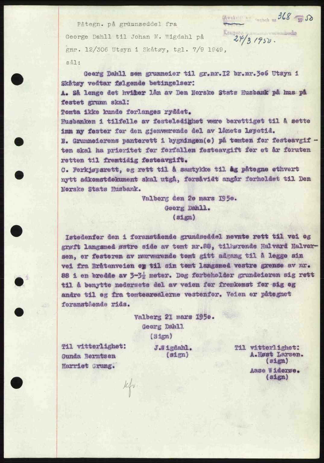 Kragerø sorenskriveri, SAKO/A-65/G/Ga/Gac/L0003: Pantebok nr. A-3, 1949-1950, Dagboknr: 368/1950