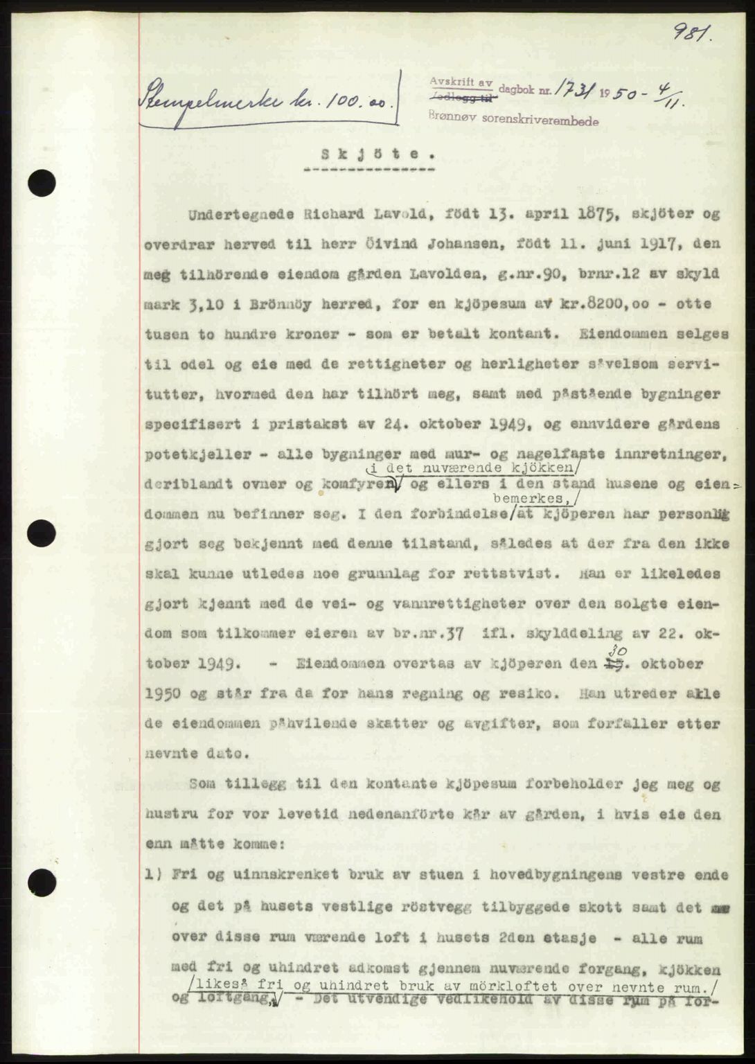Brønnøy sorenskriveri, SAT/A-4170/1/2/2C: Pantebok nr. 36, 1950-1950, Dagboknr: 1731/1950
