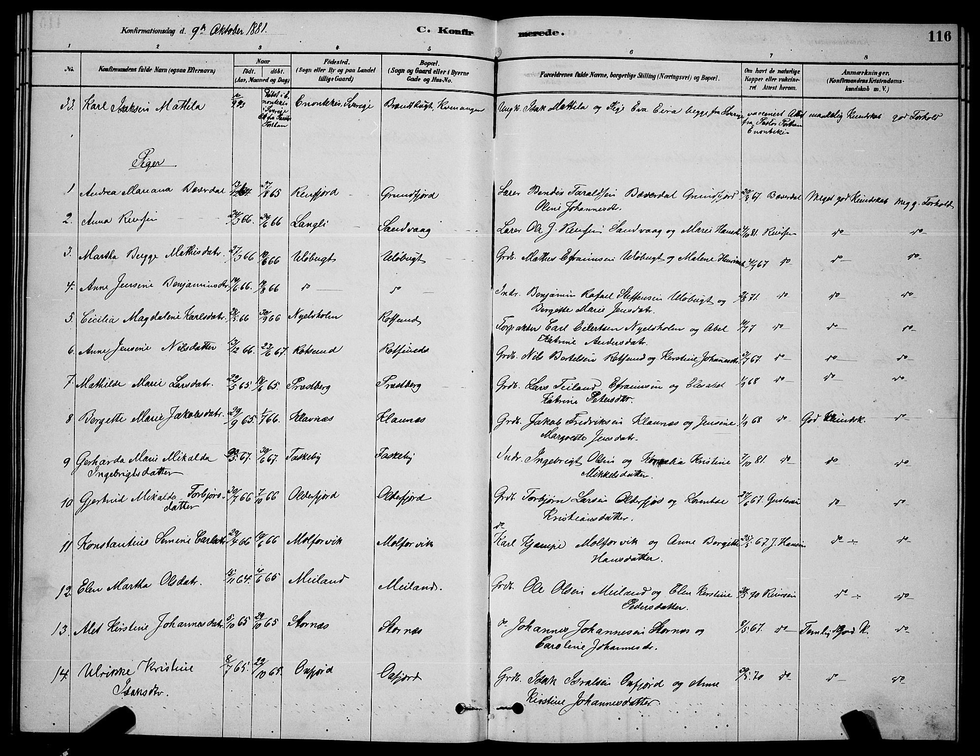 Skjervøy sokneprestkontor, AV/SATØ-S-1300/H/Ha/Hab/L0006klokker: Klokkerbok nr. 6, 1878-1888, s. 116