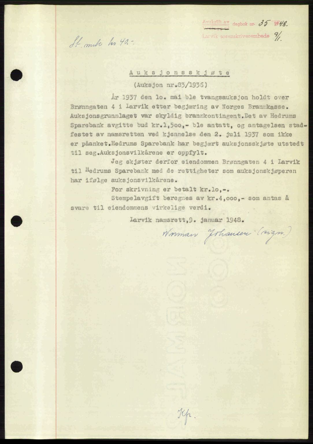 Larvik sorenskriveri, SAKO/A-83/G/Ga/Gab/L0085: Pantebok nr. A-19, 1947-1948, Dagboknr: 35/1948