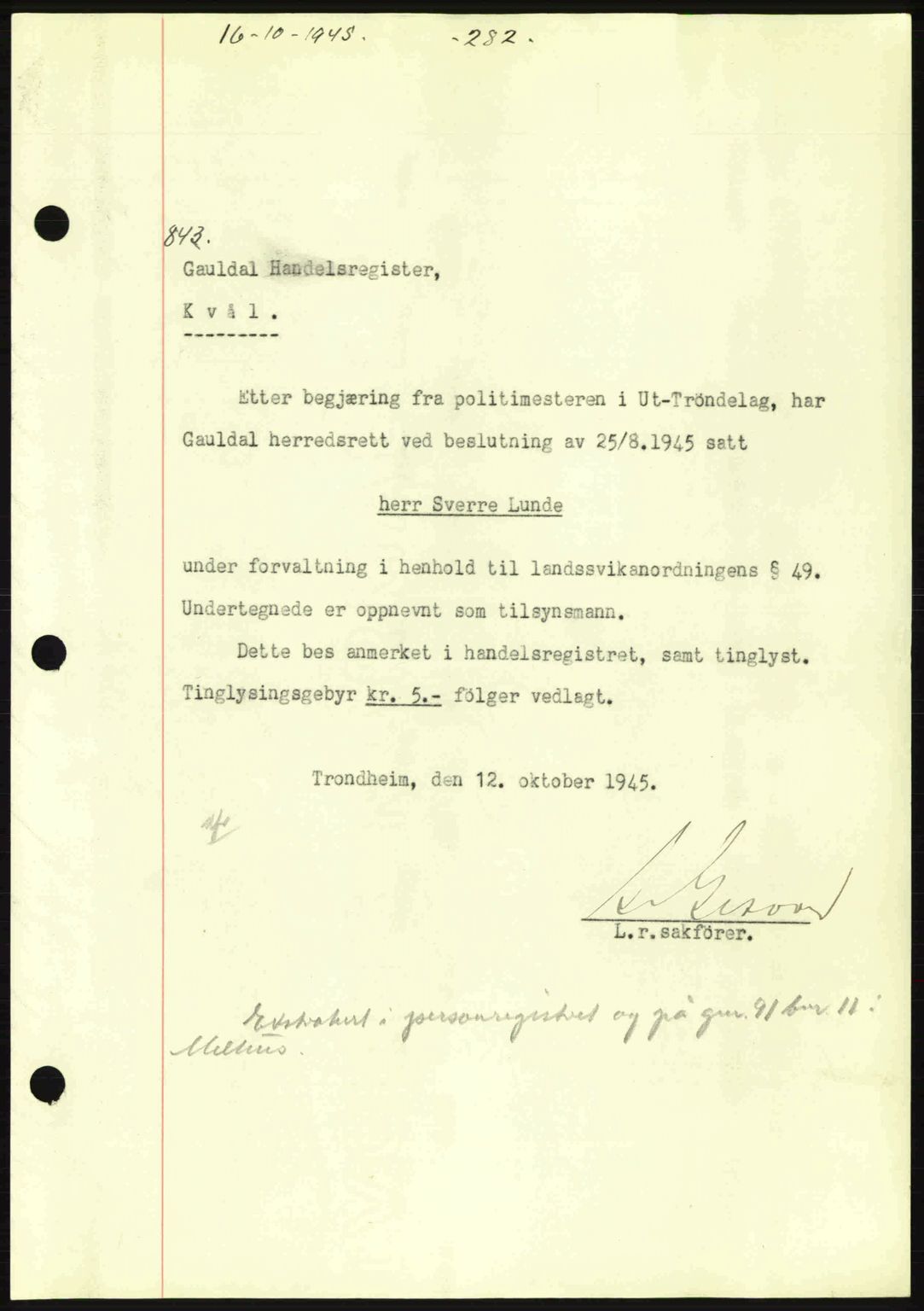Gauldal sorenskriveri, SAT/A-0014/1/2/2C: Pantebok nr. A1a, 1945-1945, Dagboknr: 843/1945