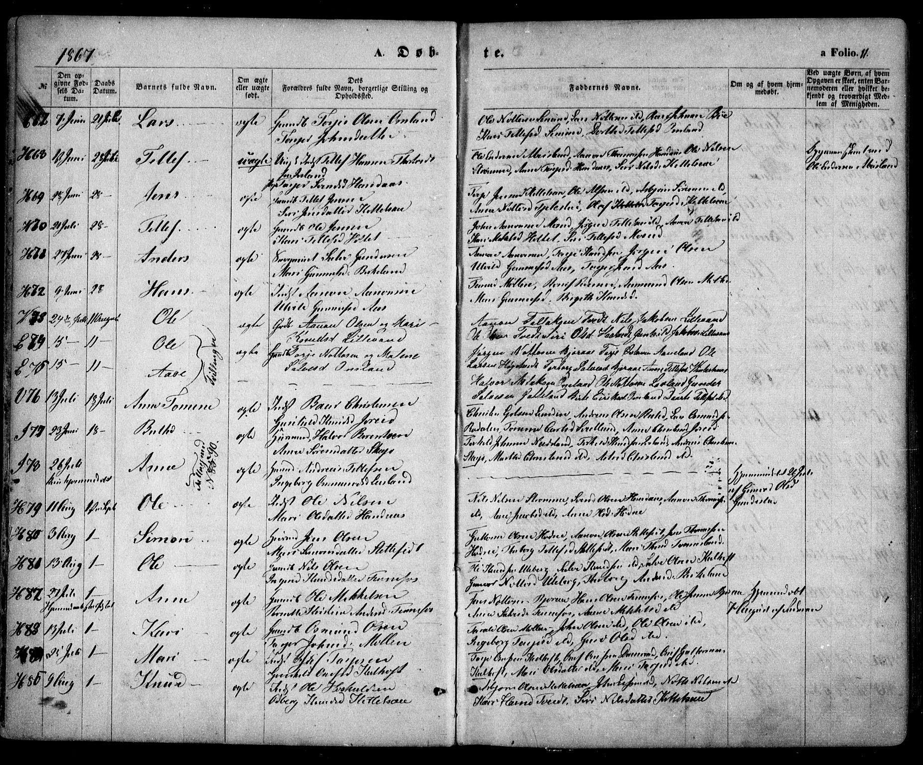 Evje sokneprestkontor, AV/SAK-1111-0008/F/Fa/Faa/L0006: Ministerialbok nr. A 6, 1866-1884, s. 11