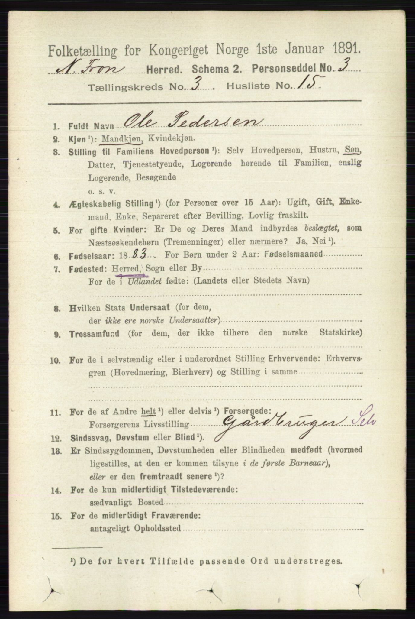 RA, Folketelling 1891 for 0518 Nord-Fron herred, 1891, s. 925