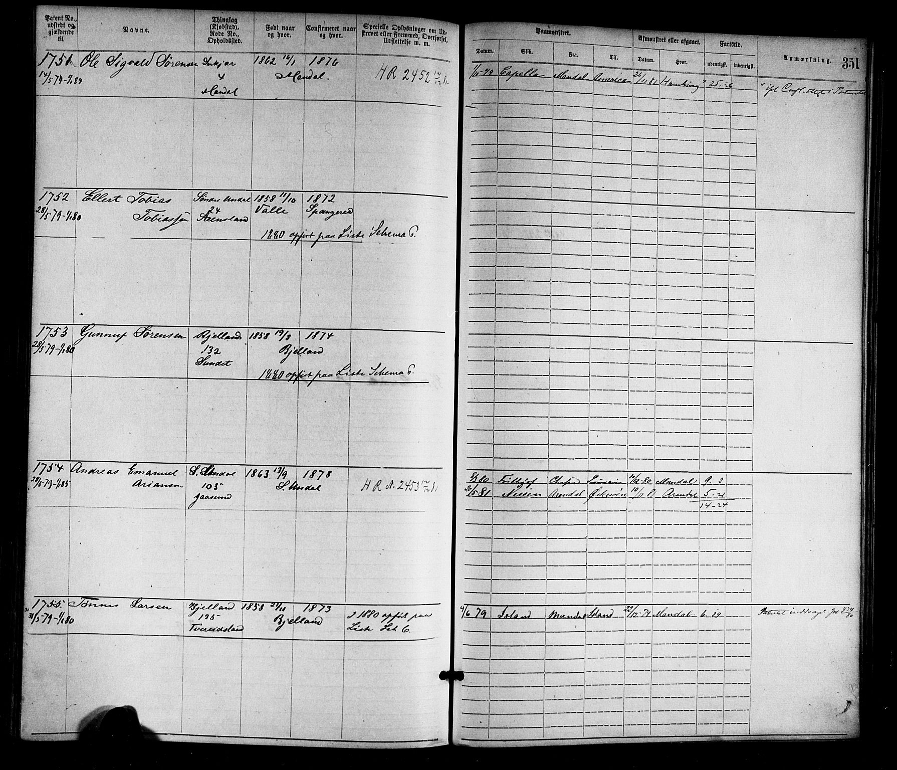 Mandal mønstringskrets, SAK/2031-0016/F/Fa/L0001: Annotasjonsrulle nr 1-1920 med register, L-3, 1869-1881, s. 391