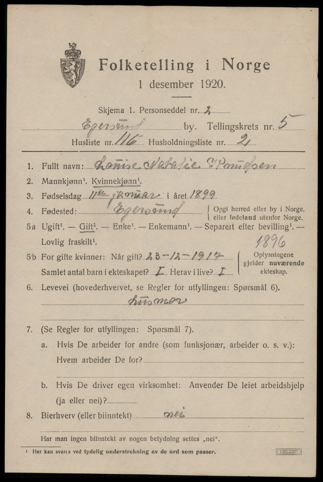 SAST, Folketelling 1920 for 1101 Egersund ladested, 1920, s. 9700