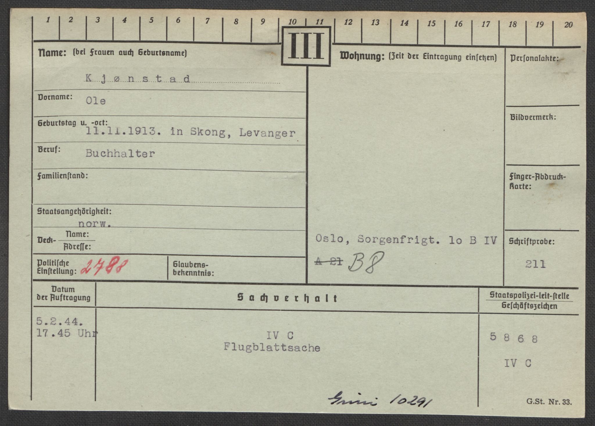 Befehlshaber der Sicherheitspolizei und des SD, AV/RA-RAFA-5969/E/Ea/Eaa/L0006: Register over norske fanger i Møllergata 19: Kj-Lund, 1940-1945, s. 64