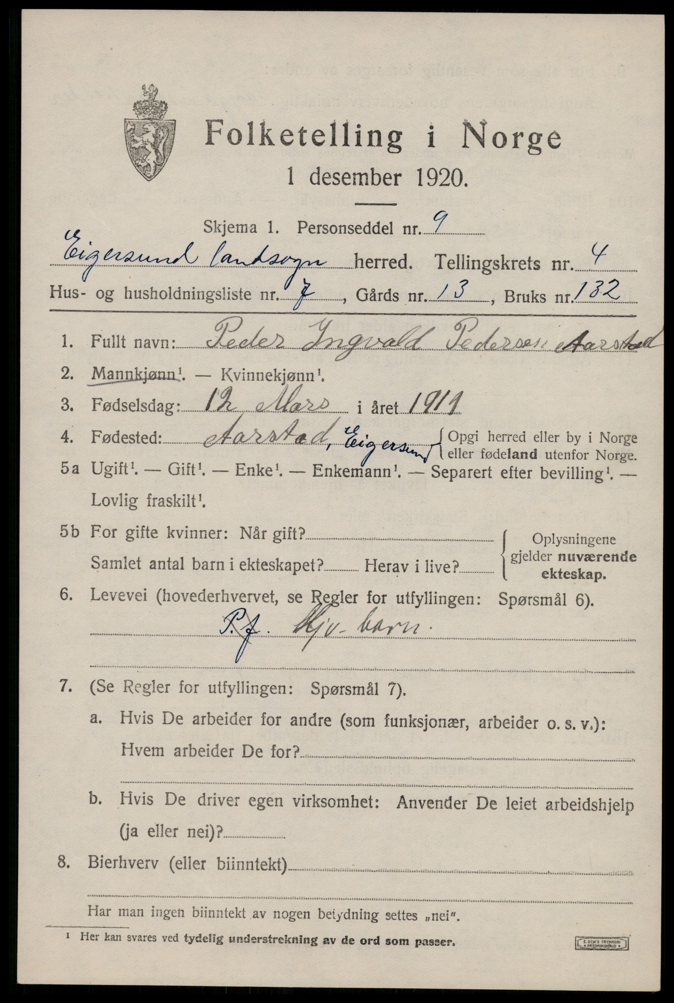 SAST, Folketelling 1920 for 1116 Eigersund herred, 1920, s. 2891