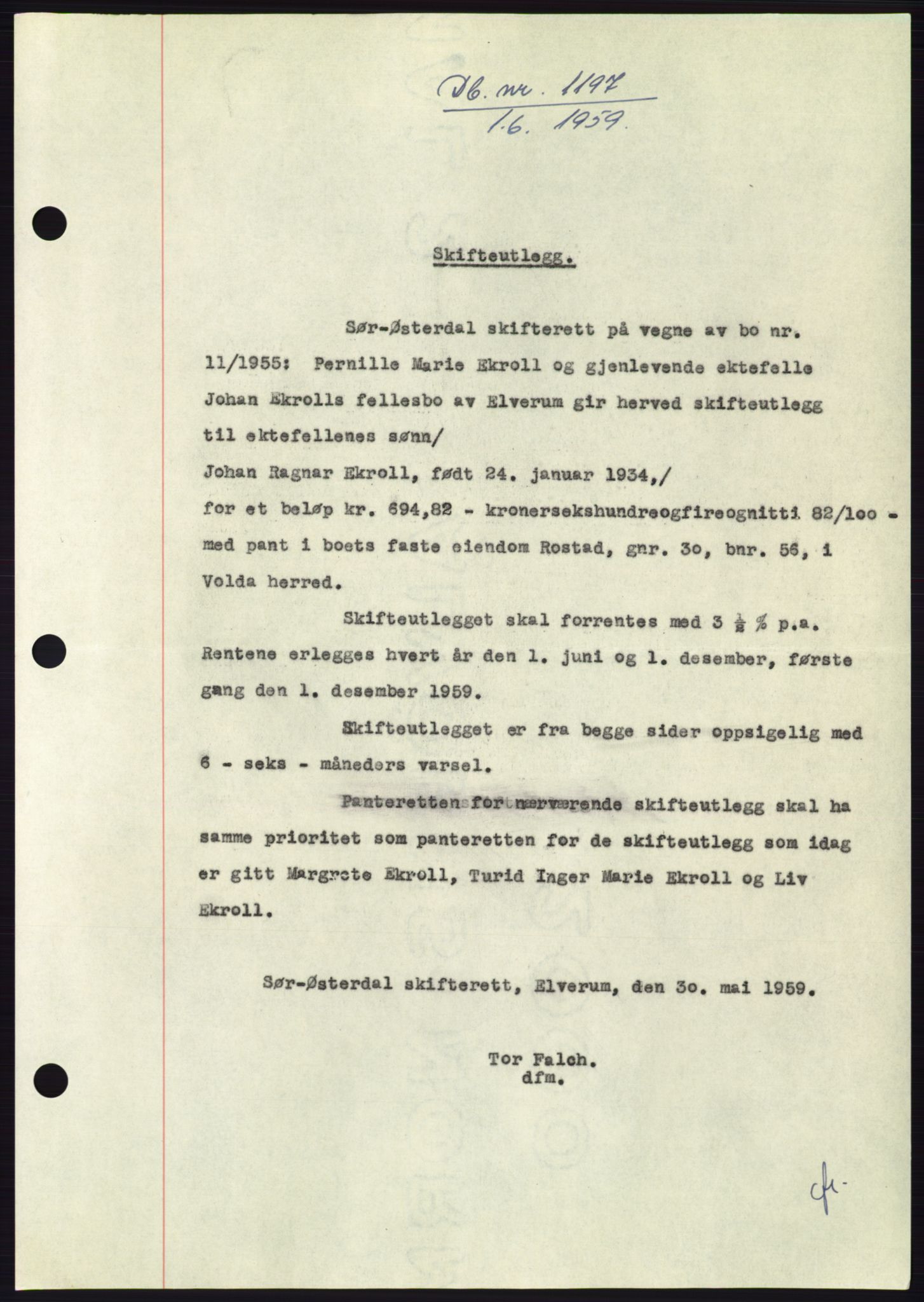 Søre Sunnmøre sorenskriveri, SAT/A-4122/1/2/2C/L0112: Pantebok nr. 38A, 1959-1959, Dagboknr: 1197/1959