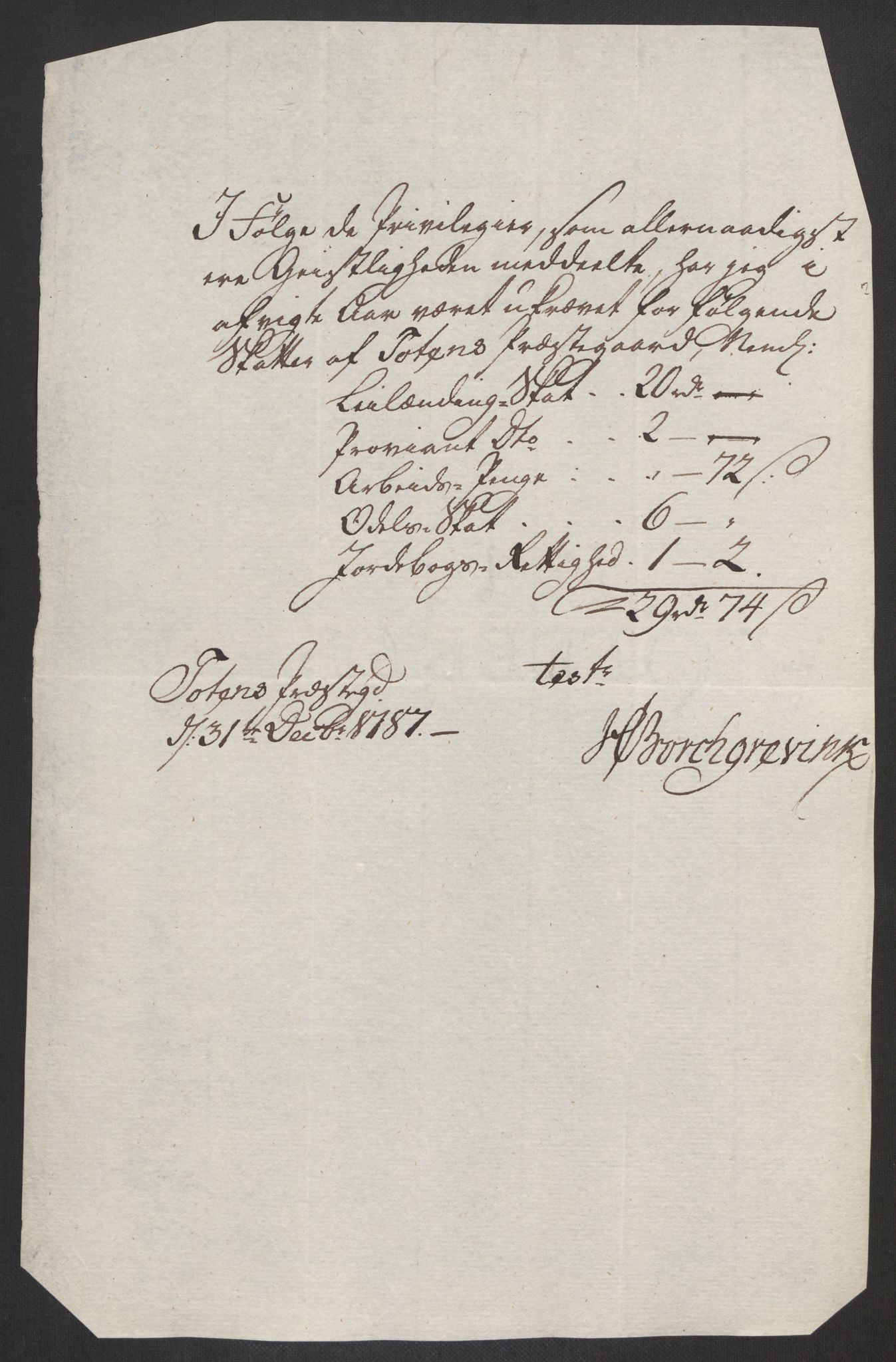 Rentekammeret inntil 1814, Reviderte regnskaper, Fogderegnskap, AV/RA-EA-4092/R19/L1374: Fogderegnskap Toten, Hadeland og Vardal, 1787, s. 257