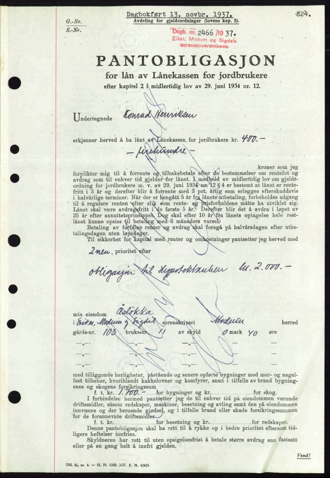 Eiker, Modum og Sigdal sorenskriveri, SAKO/A-123/G/Ga/Gab/L0036: Pantebok nr. A6, 1937-1937, Dagboknr: 2466/1937