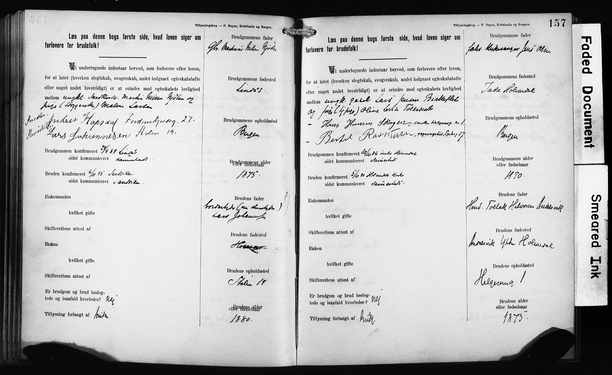 Mariakirken Sokneprestembete, SAB/A-76901: Forlovererklæringer nr. II.5.1, 1891-1901, s. 157