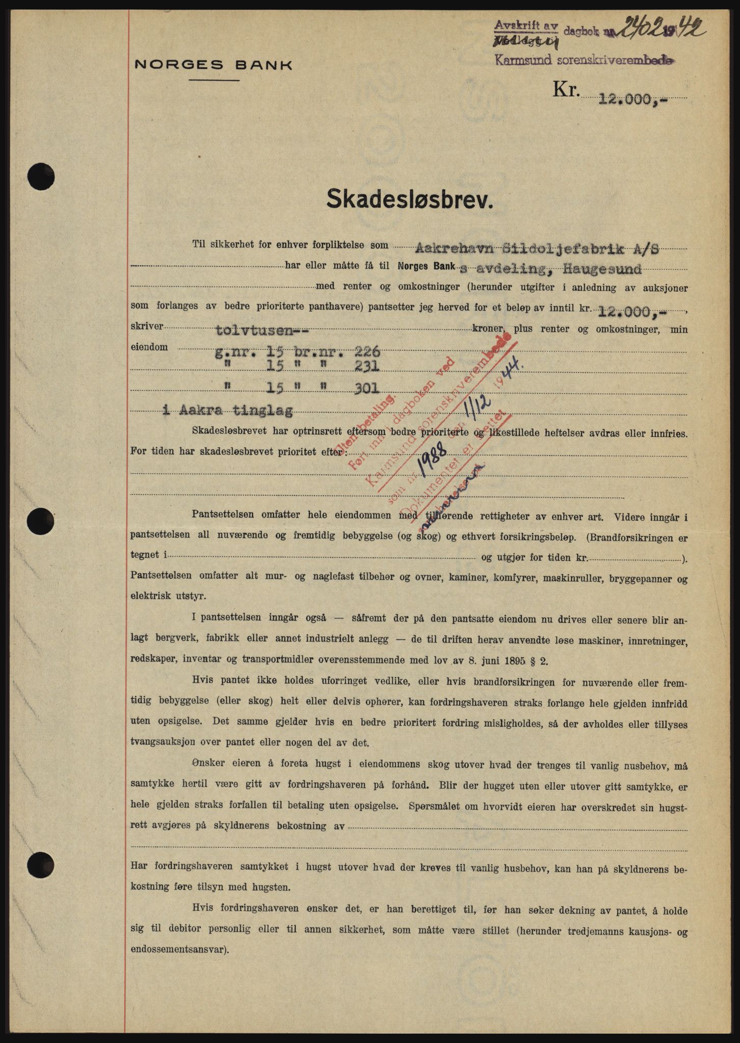 Karmsund sorenskriveri, SAST/A-100311/01/II/IIBBE/L0008: Pantebok nr. B 54, 1942-1943, Dagboknr: 2402/1942