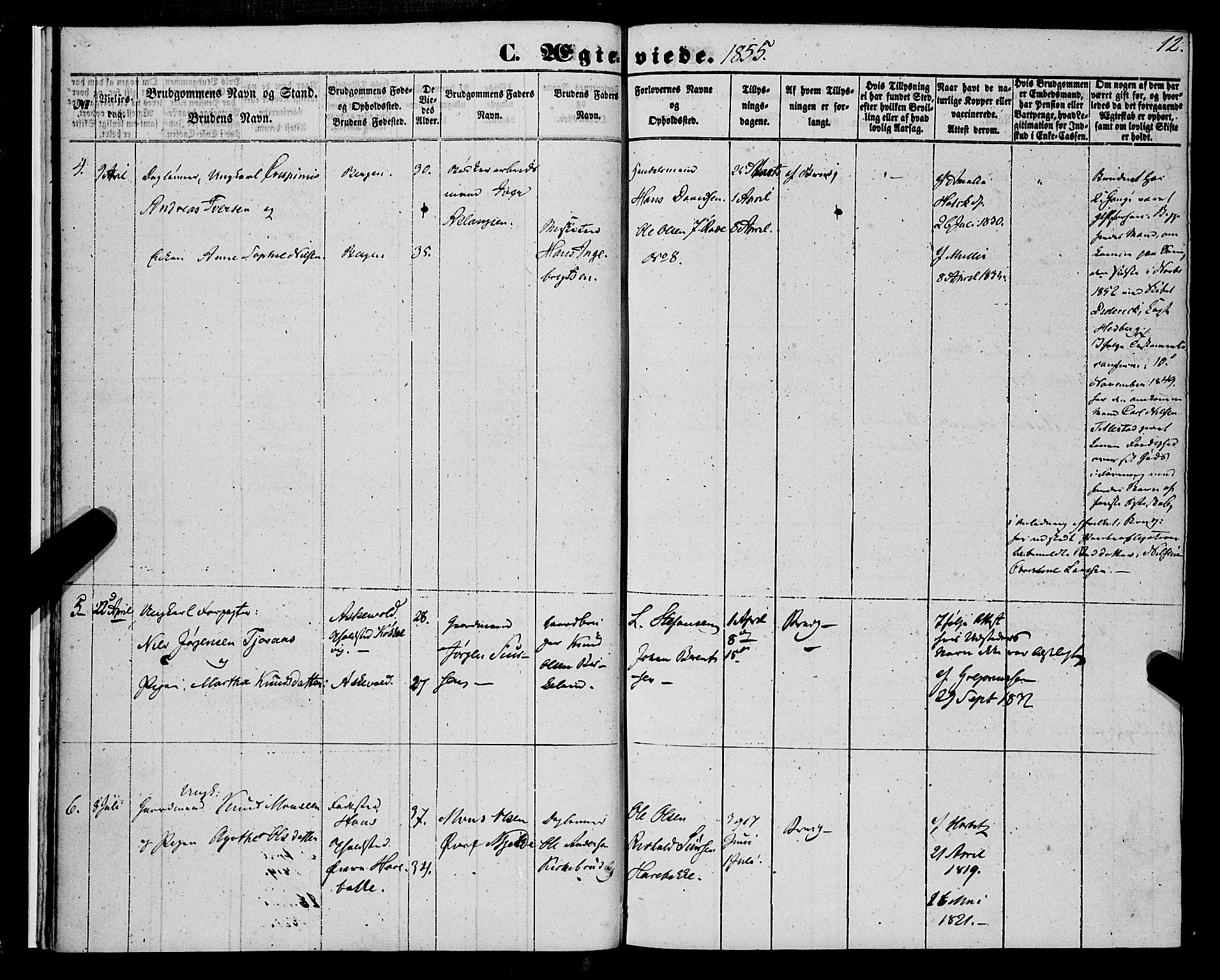 St. Jørgens hospital og Årstad sokneprestembete, AV/SAB-A-99934: Ministerialbok nr. A 9, 1853-1878, s. 12