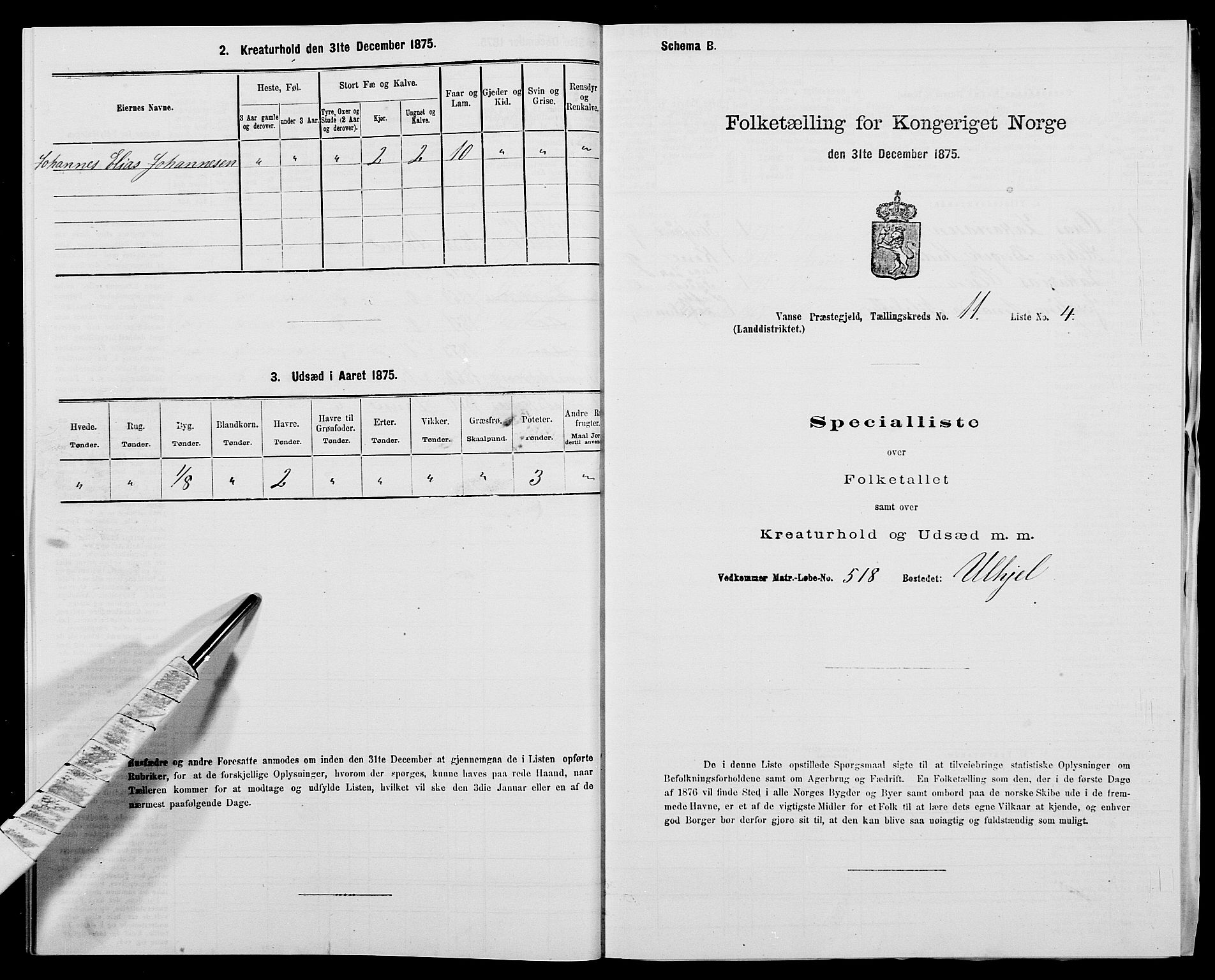 SAK, Folketelling 1875 for 1041L Vanse prestegjeld, Vanse sokn og Farsund landsokn, 1875, s. 1992