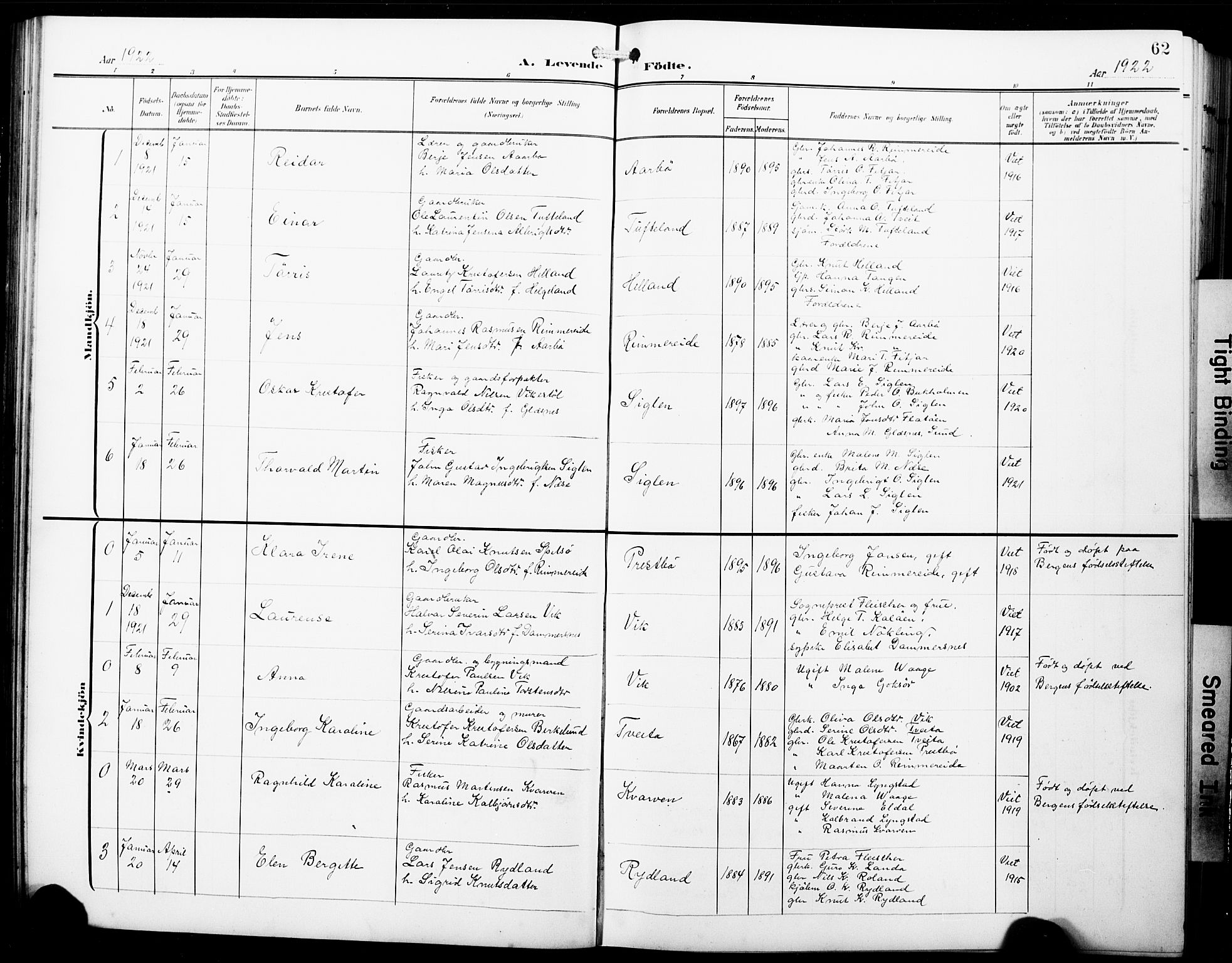 Fitjar sokneprestembete, AV/SAB-A-99926: Klokkerbok nr. B 1, 1906-1928, s. 62