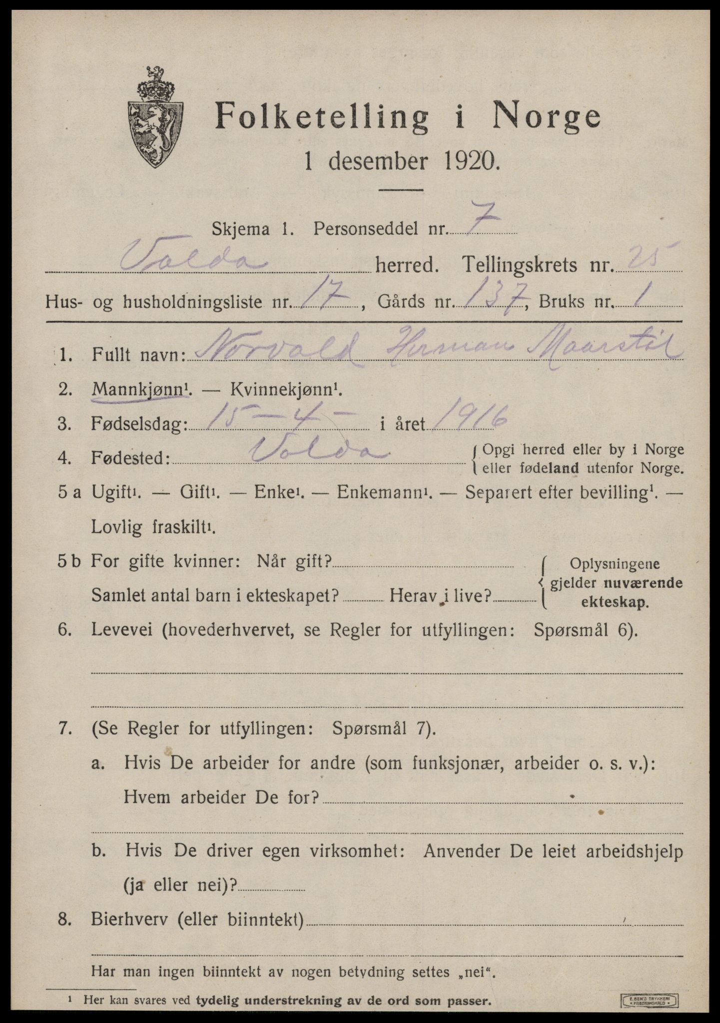 SAT, Folketelling 1920 for 1519 Volda herred, 1920, s. 12354