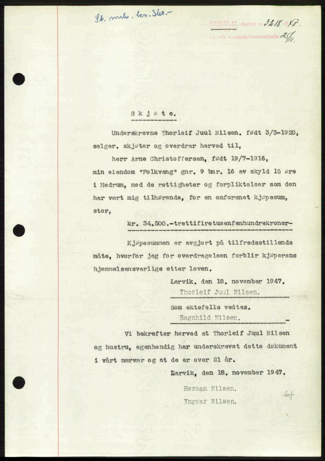 Larvik sorenskriveri, SAKO/A-83/G/Ga/Gab/L0085: Pantebok nr. A-19, 1947-1948, Dagboknr: 3218/1947
