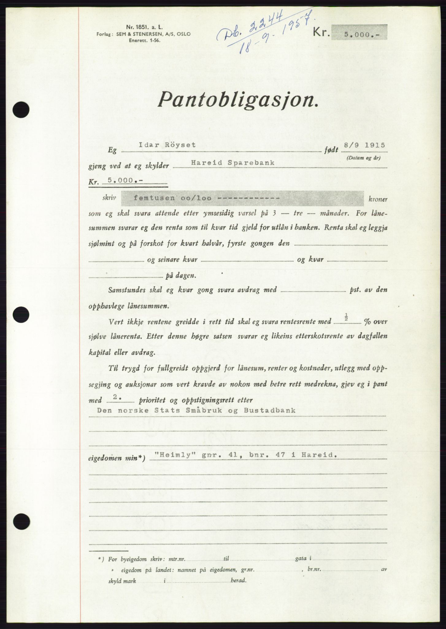 Søre Sunnmøre sorenskriveri, AV/SAT-A-4122/1/2/2C/L0130: Pantebok nr. 18B, 1957-1958, Dagboknr: 2244/1957