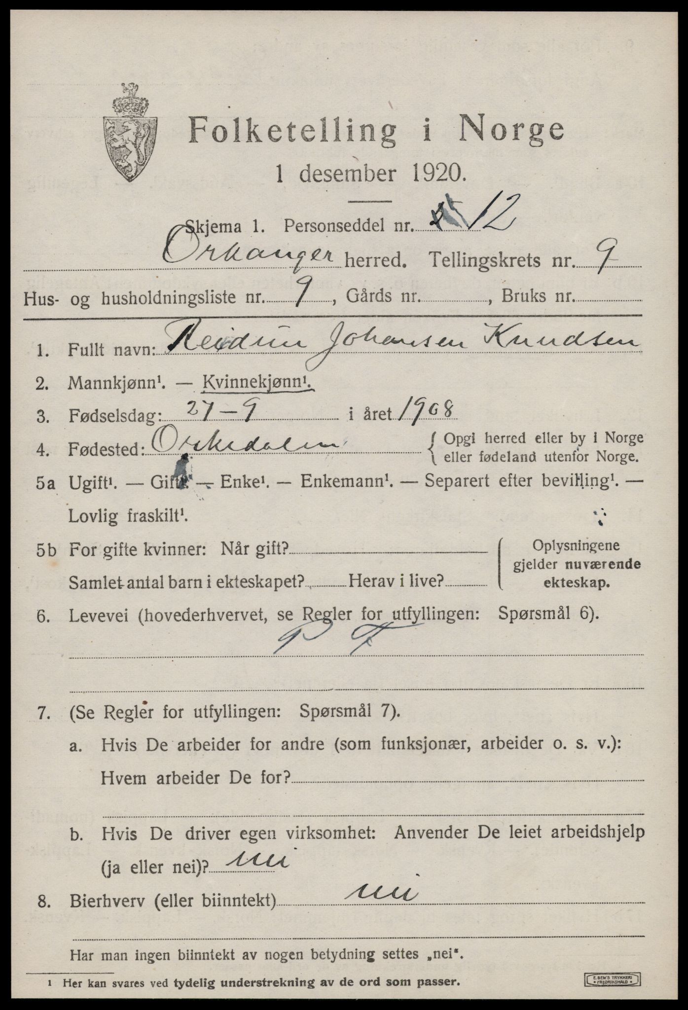 SAT, Folketelling 1920 for 1639 Orkanger herred, 1920, s. 4411