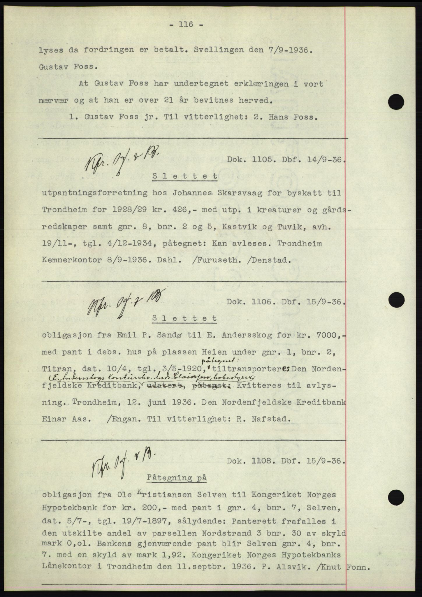 Hitra sorenskriveri, AV/SAT-A-0018/2/2C/2Ca: Pantebok nr. C1, 1936-1945, Dagboknr: 1105/1936