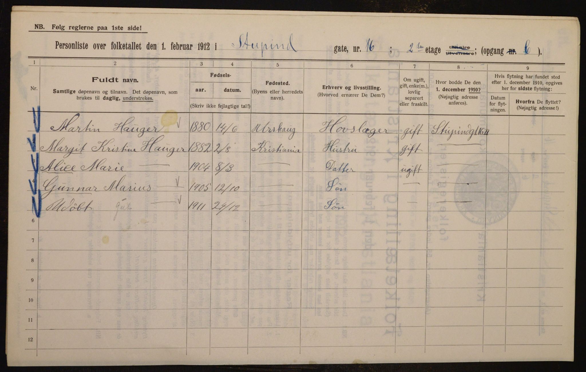 OBA, Kommunal folketelling 1.2.1912 for Kristiania, 1912, s. 104612