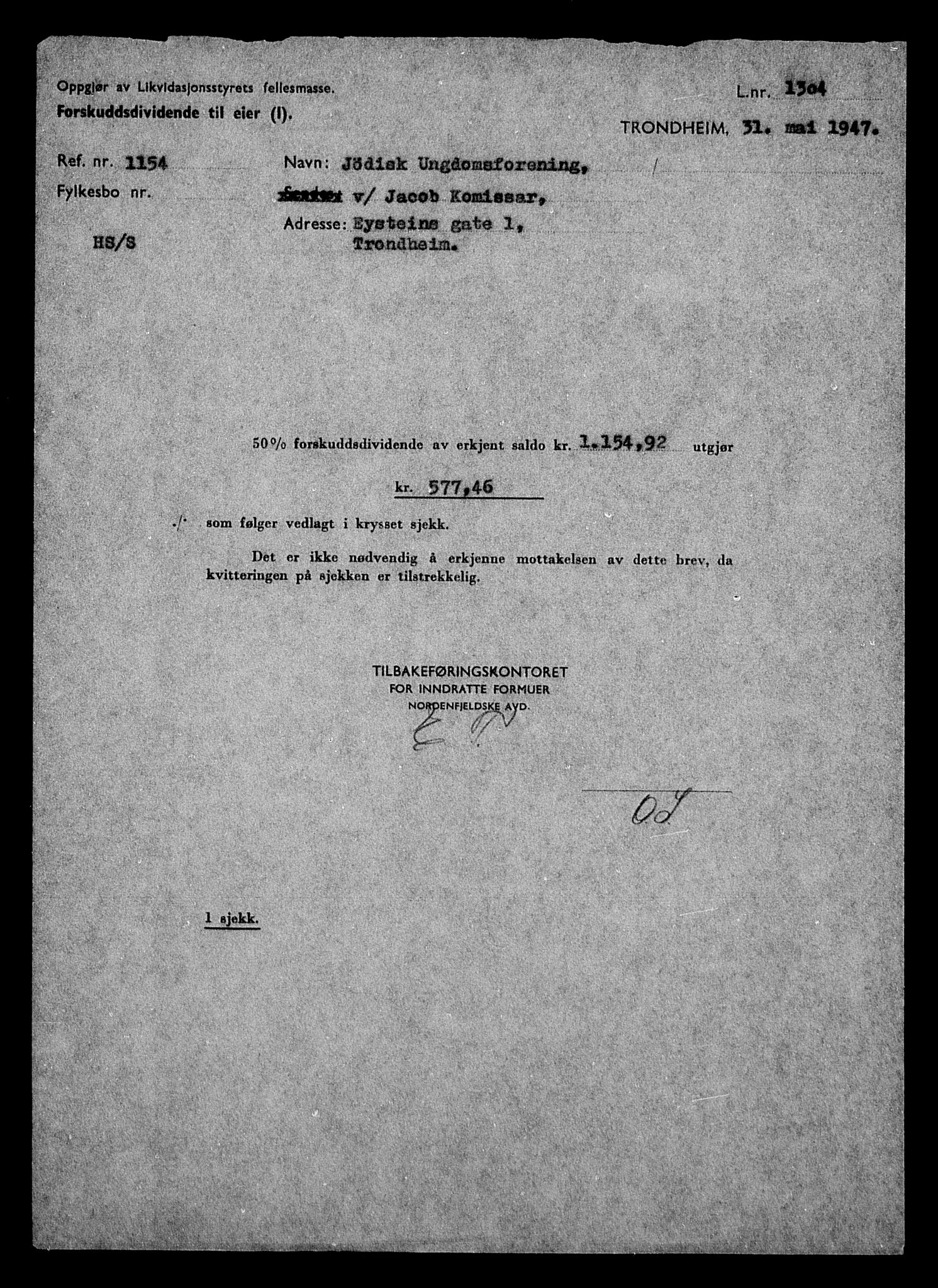 Justisdepartementet, Tilbakeføringskontoret for inndratte formuer, AV/RA-S-1564/H/Hc/Hca/L0899: --, 1945-1947, s. 249