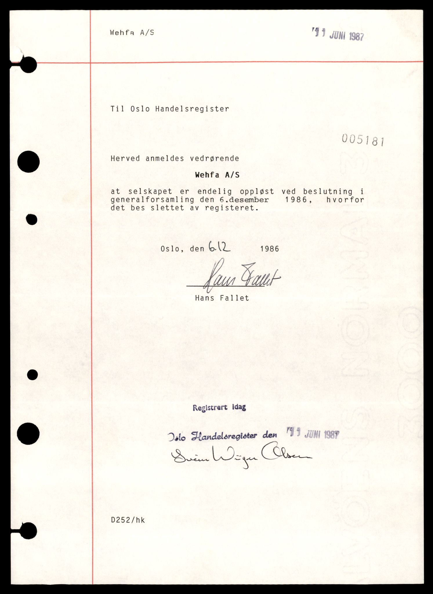 Oslo byfogd, Handelsregisteret, SAT/A-10867/G/Gb/Gbb/L0103: Registreringsmeldinger, Ve-Ø, 1987, s. 5