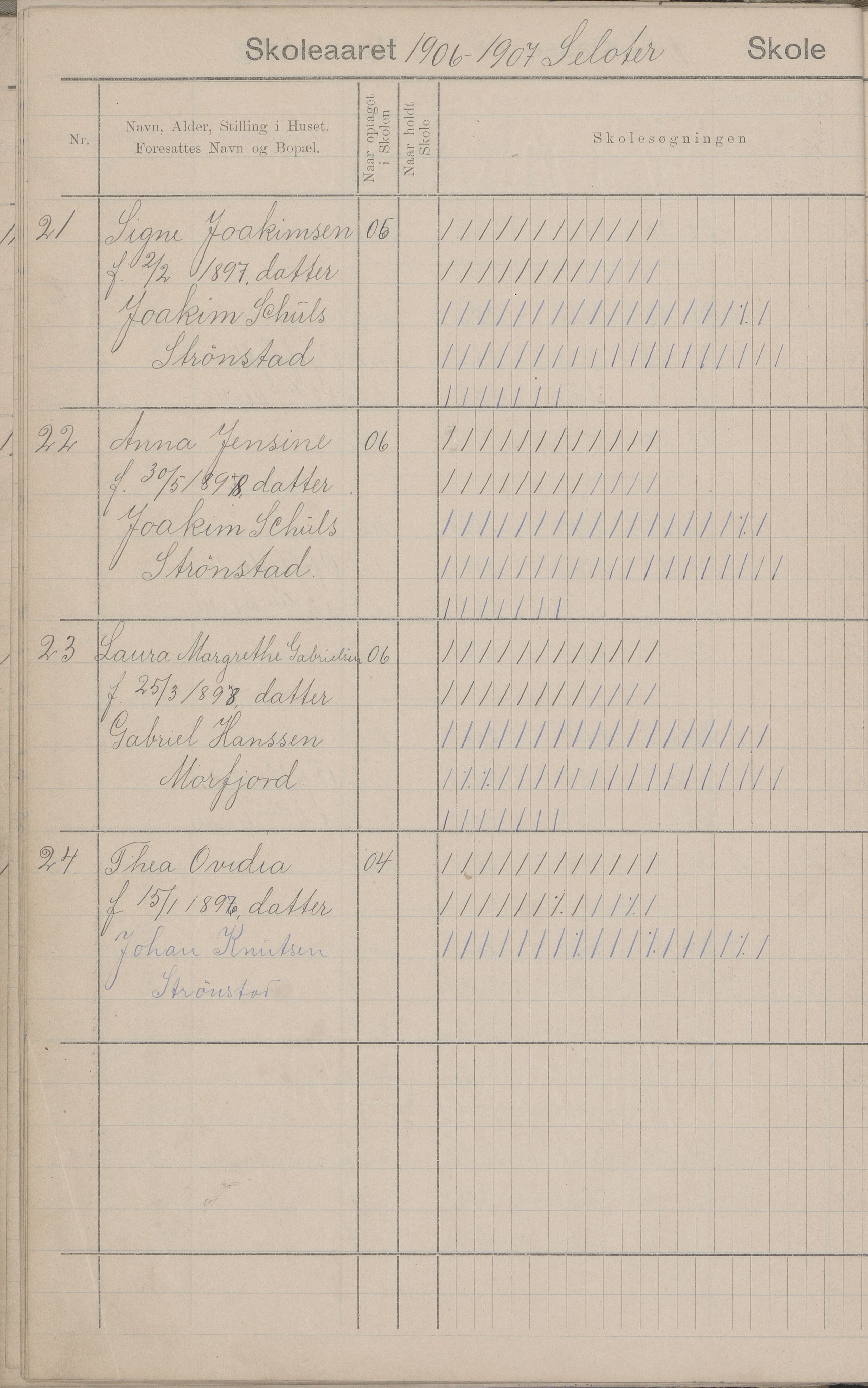 Hadsel kommune. Strønstad skolekrets, AIN/K-18660.510.13/G/L0001: Skoleprotokoll for Strønstad skole - Seloter, 1905-1914